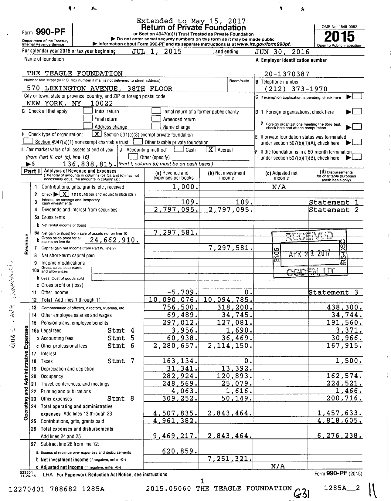 Image of first page of 2015 Form 990PF for Teagle Foundation