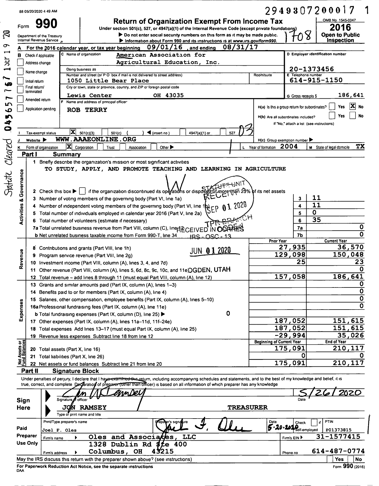 Image of first page of 2016 Form 990 for American Association for Agricultural Education