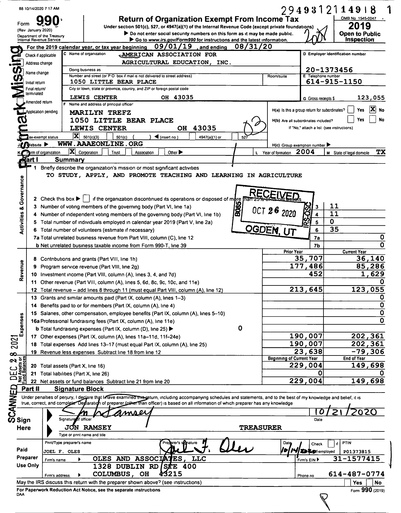 Image of first page of 2019 Form 990 for American Association for Agricultural Education
