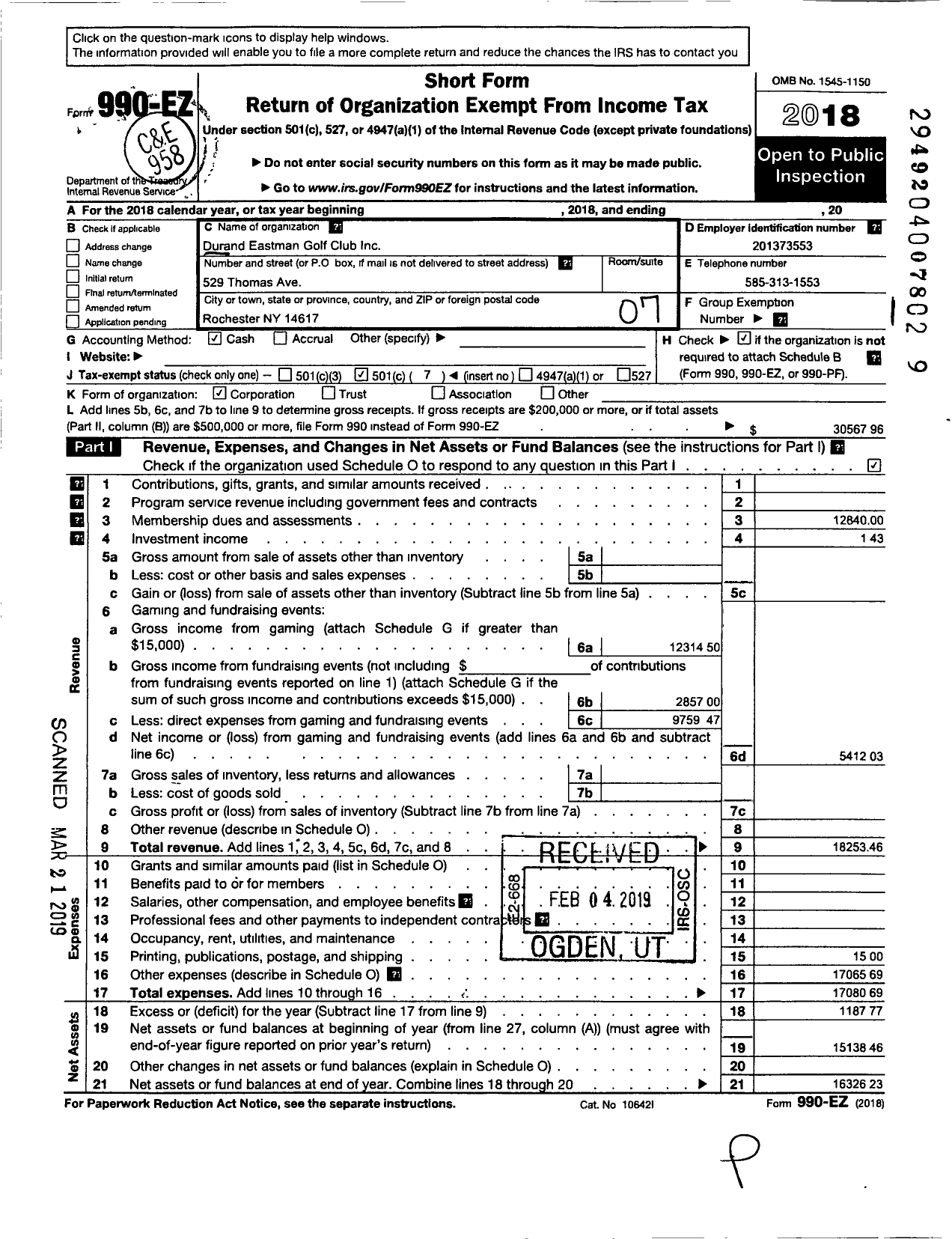 Image of first page of 2018 Form 990EO for Durand Eastman Golf Club