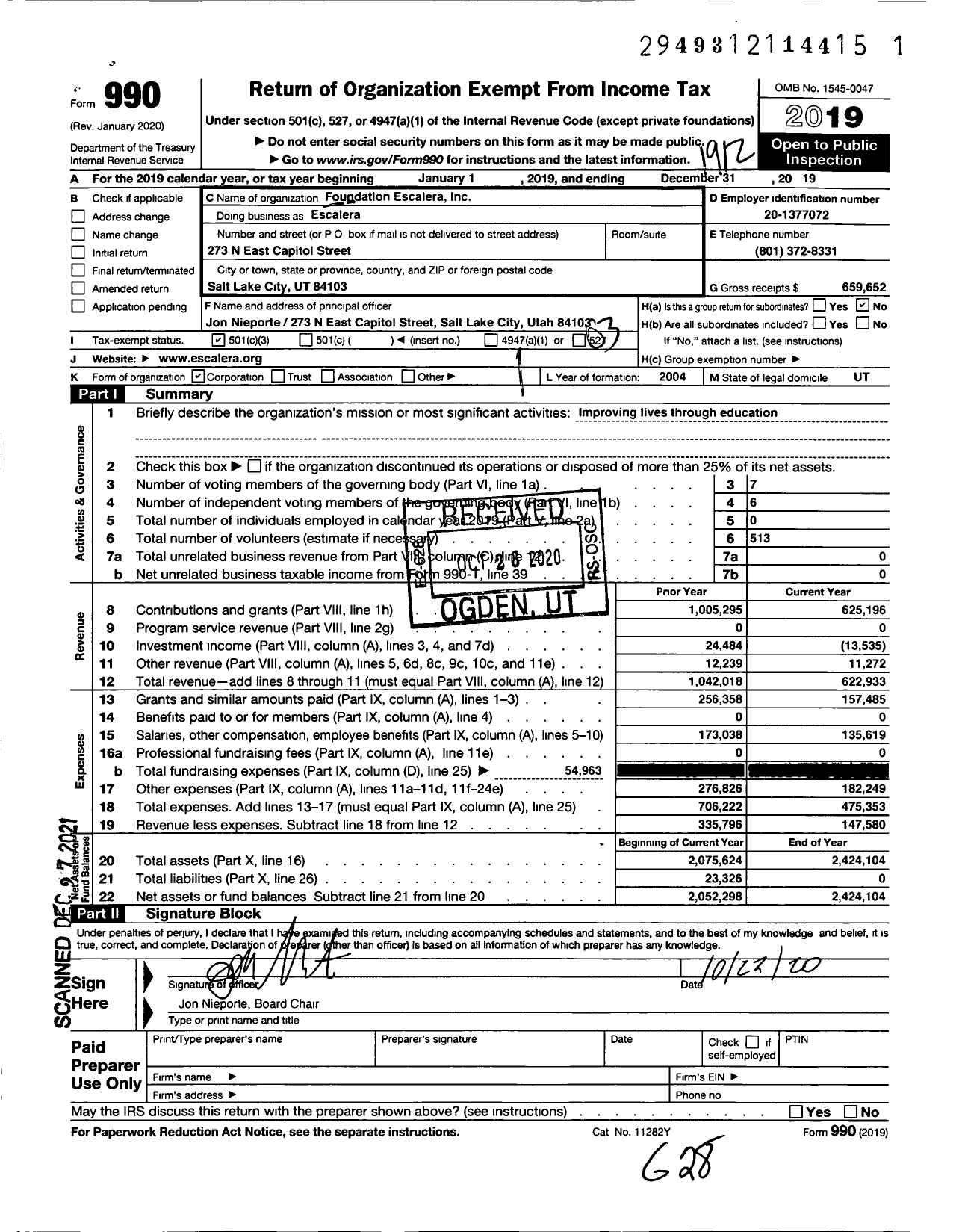 Image of first page of 2019 Form 990 for Escalera