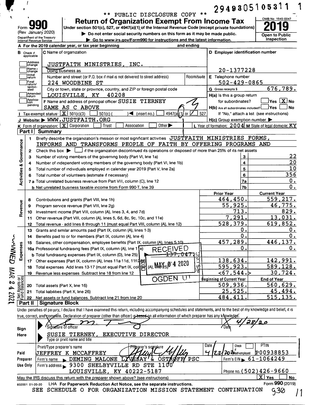 Image of first page of 2019 Form 990 for Justfaith Ministries