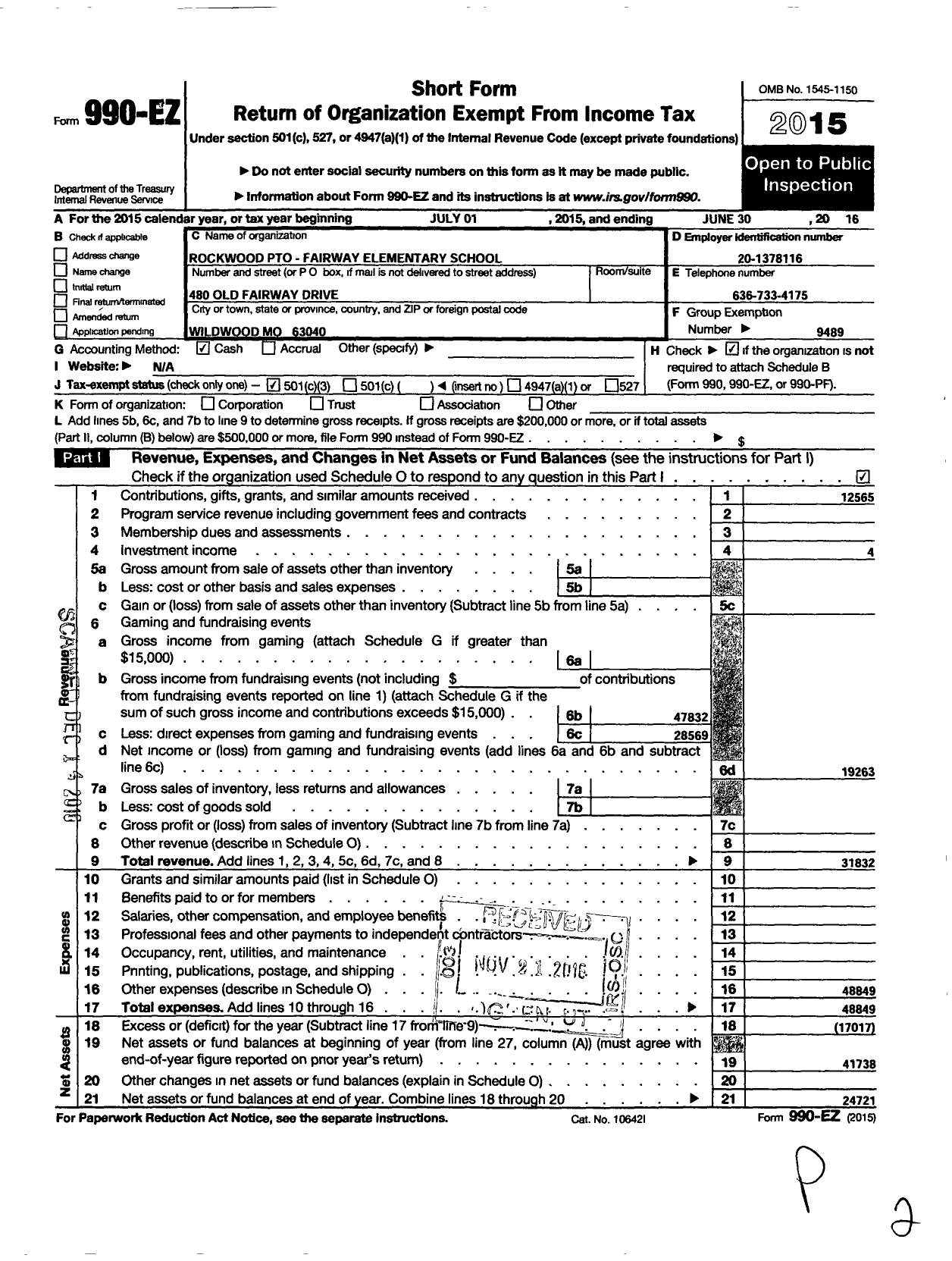 Image of first page of 2015 Form 990EZ for ROCKWOOD PARENT TEACHER ORGANIZATION COUNCIL Fairway Elementary School