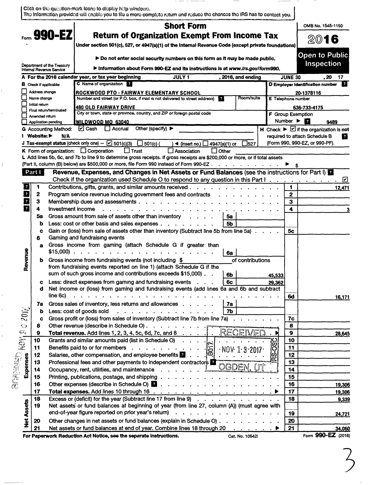 Image of first page of 2016 Form 990EZ for ROCKWOOD PARENT TEACHER ORGANIZATION COUNCIL Fairway Elementary School