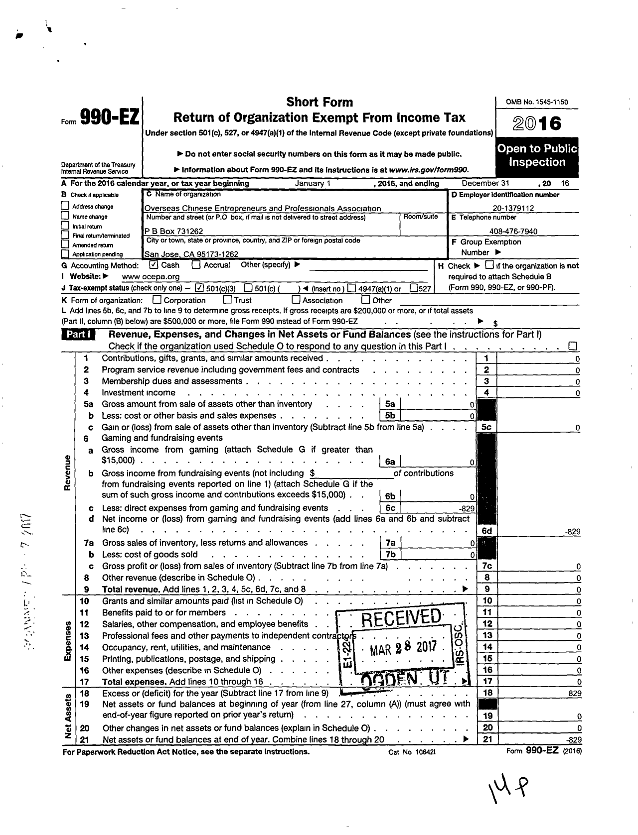 Image of first page of 2016 Form 990EZ for Overseas Chinese Entrepreneurs and Professionals Association