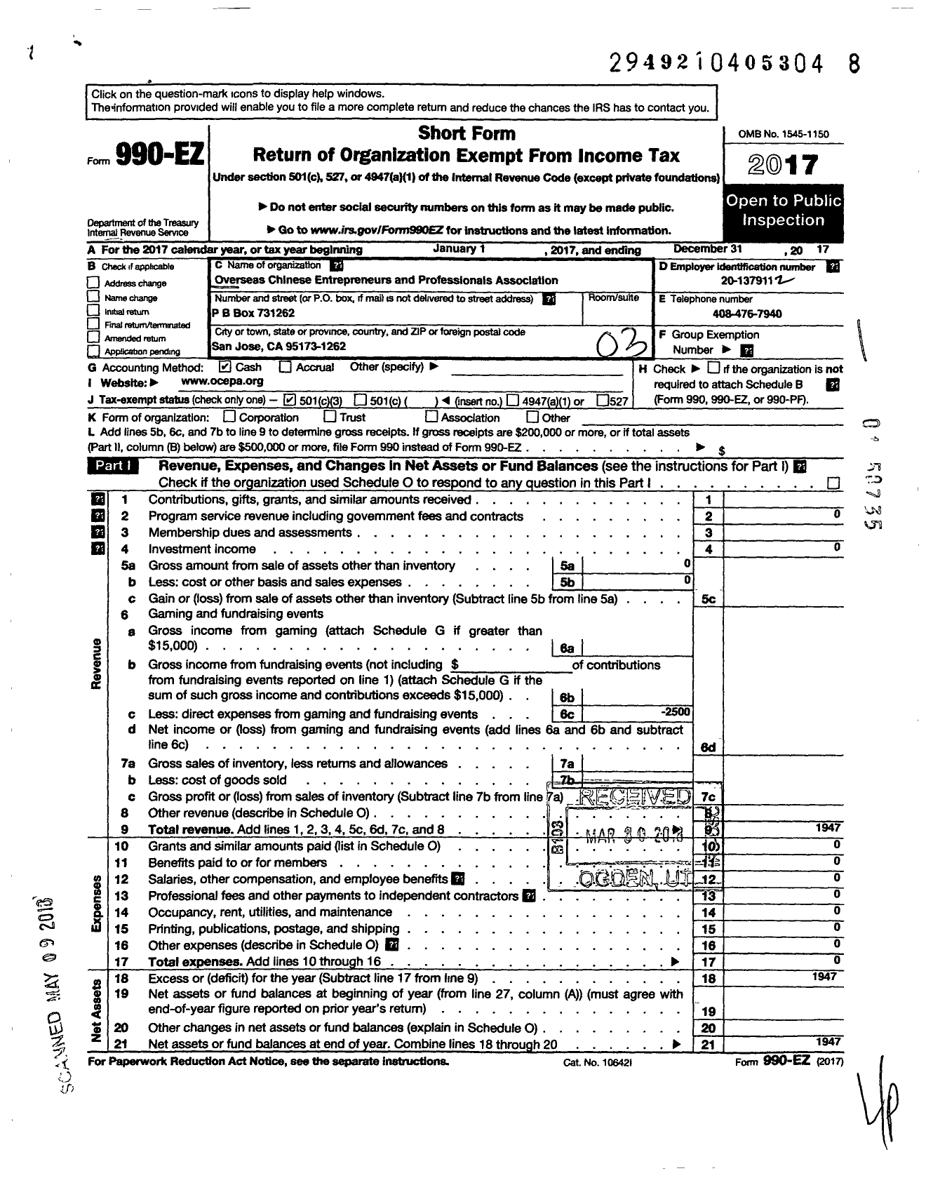 Image of first page of 2017 Form 990EZ for Overseas Chinese Entrepreneurs and Professionals Association