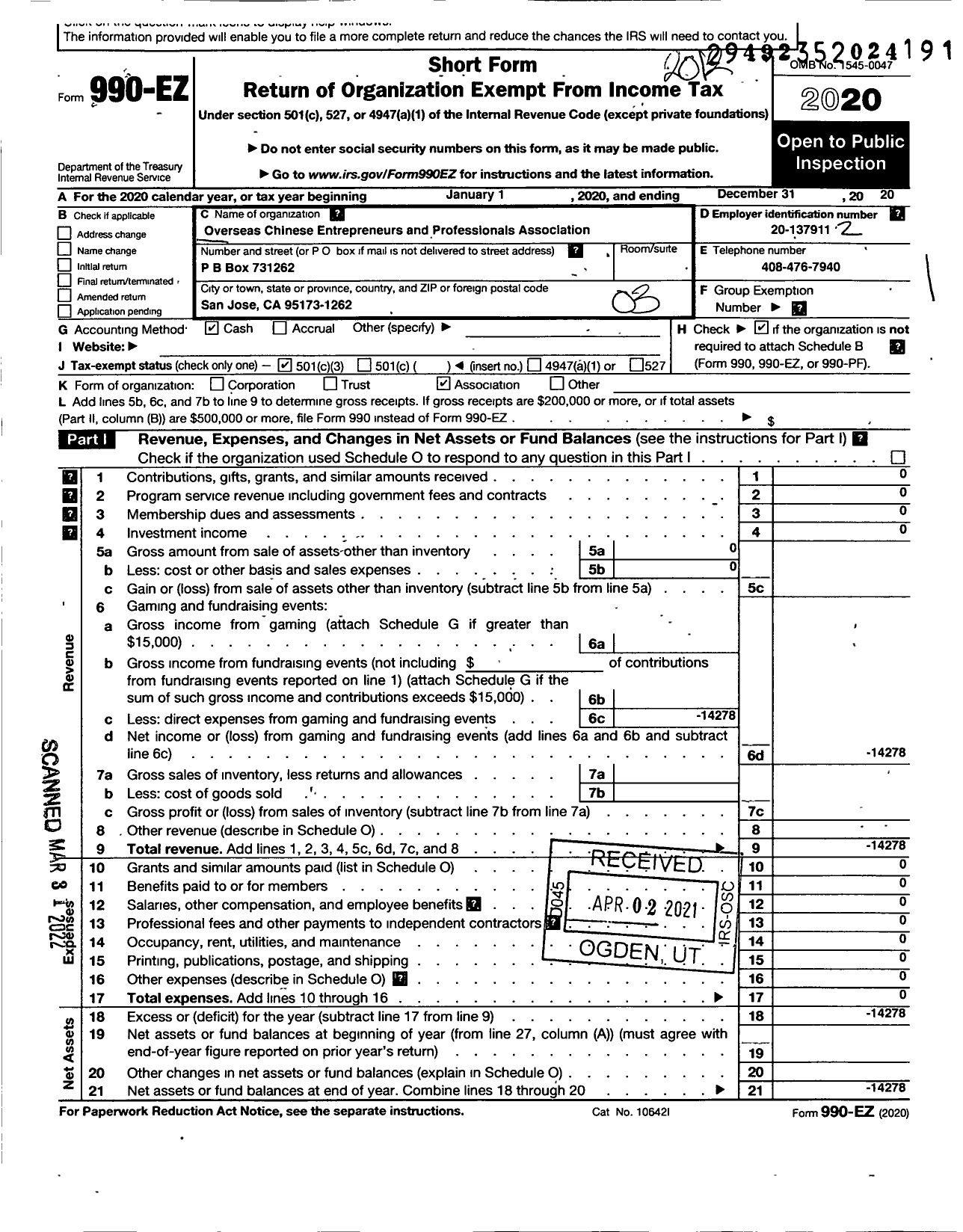 Image of first page of 2020 Form 990EZ for Overseas Chinese Entrepreneurs and Professionals Association