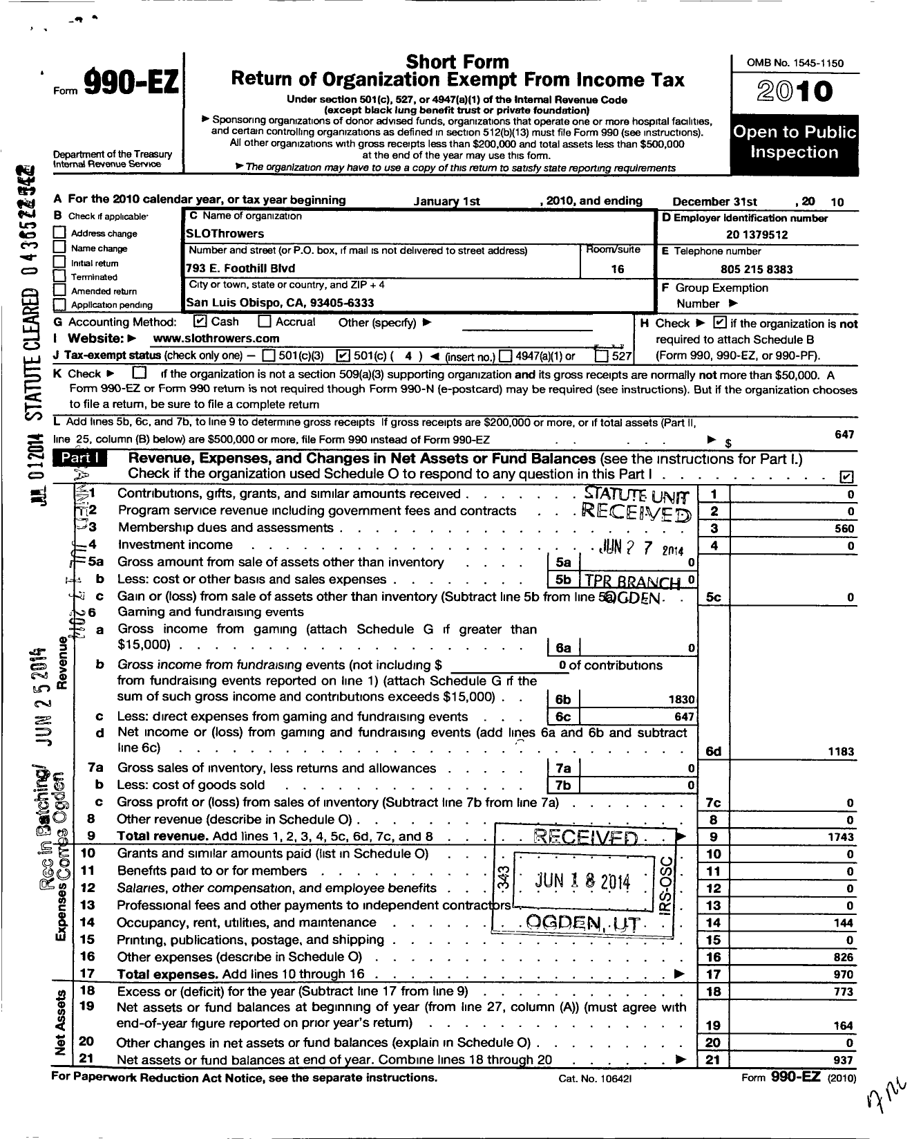 Image of first page of 2010 Form 990EO for SLOThrowers