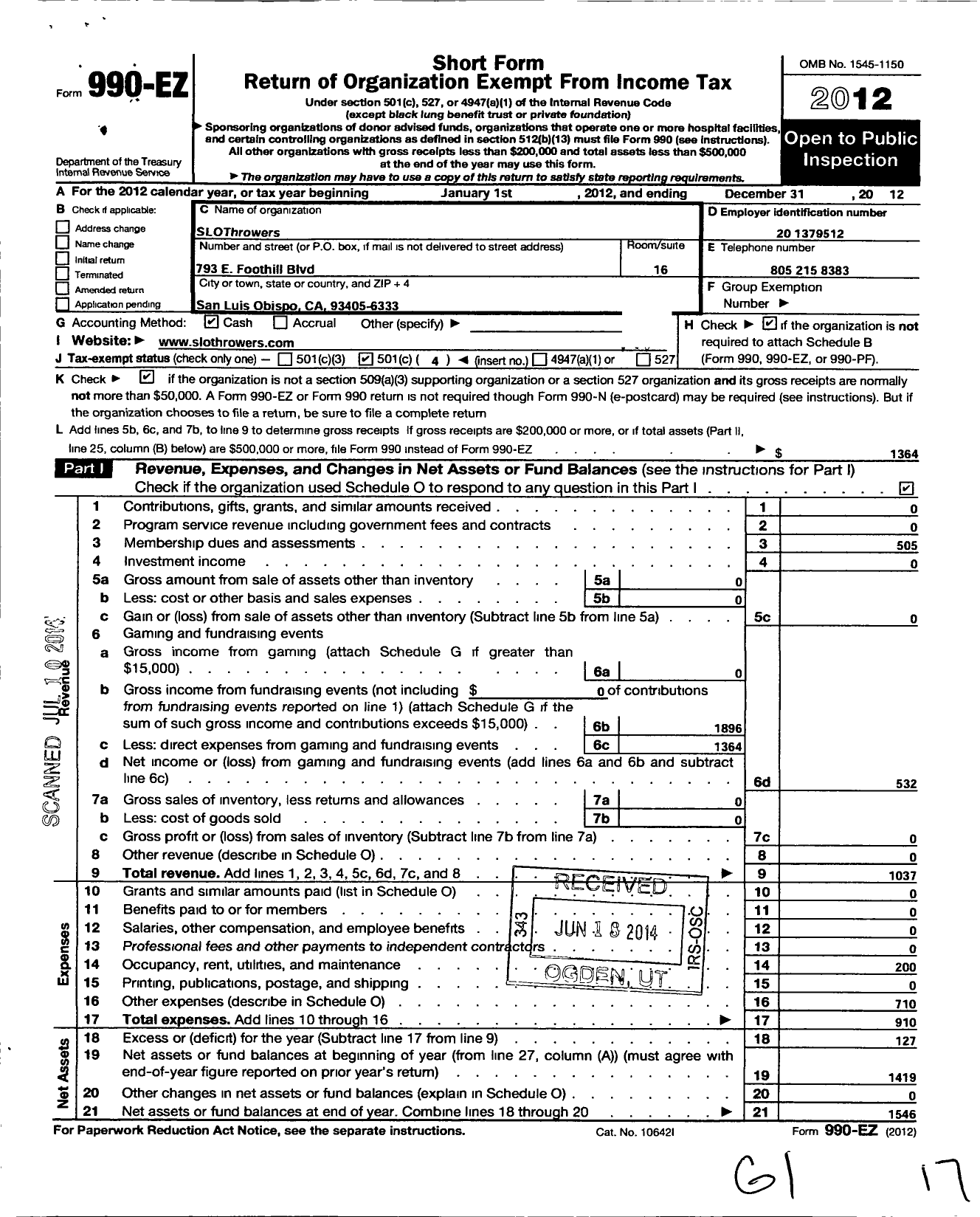 Image of first page of 2012 Form 990EO for SLOThrowers