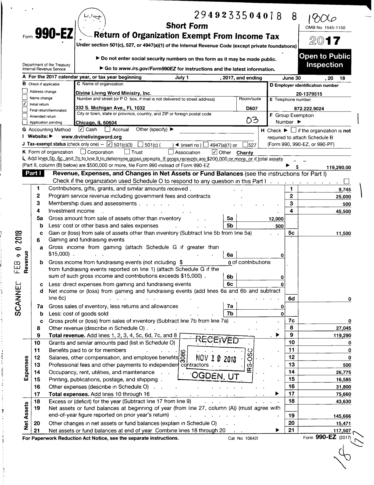 Image of first page of 2017 Form 990EZ for Divine Living Word Ministry