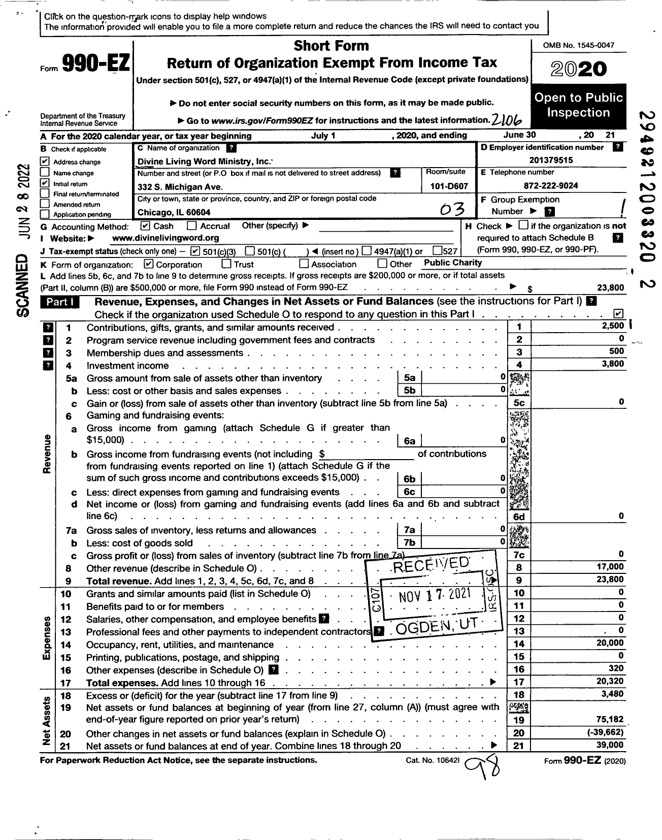 Image of first page of 2020 Form 990EZ for Divine Living Word Ministry