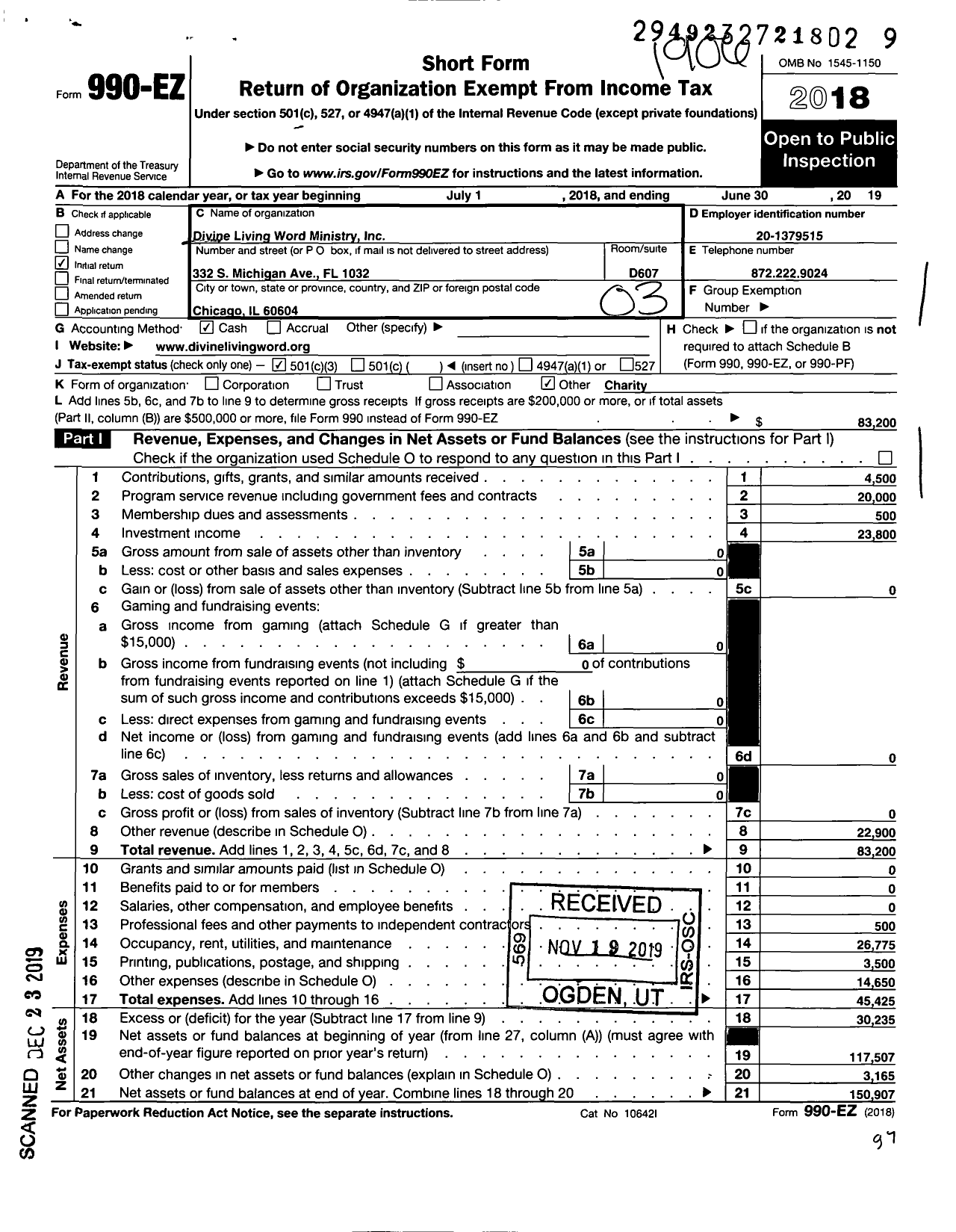 Image of first page of 2018 Form 990EZ for Divine Living Word Ministry