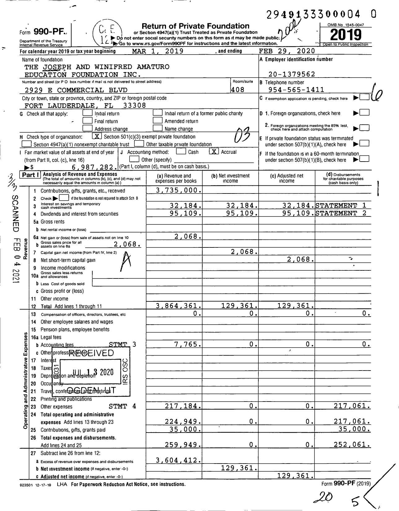 Image of first page of 2019 Form 990PF for The Joseph and Winifred Amaturo Education Foundation