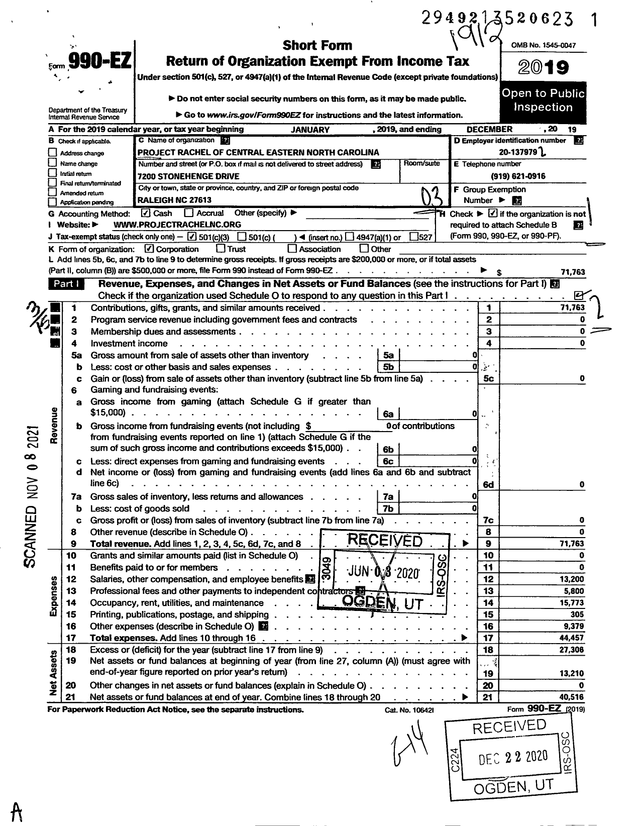 Image of first page of 2019 Form 990EZ for Project Rachel of Central and Eastern North Carolina