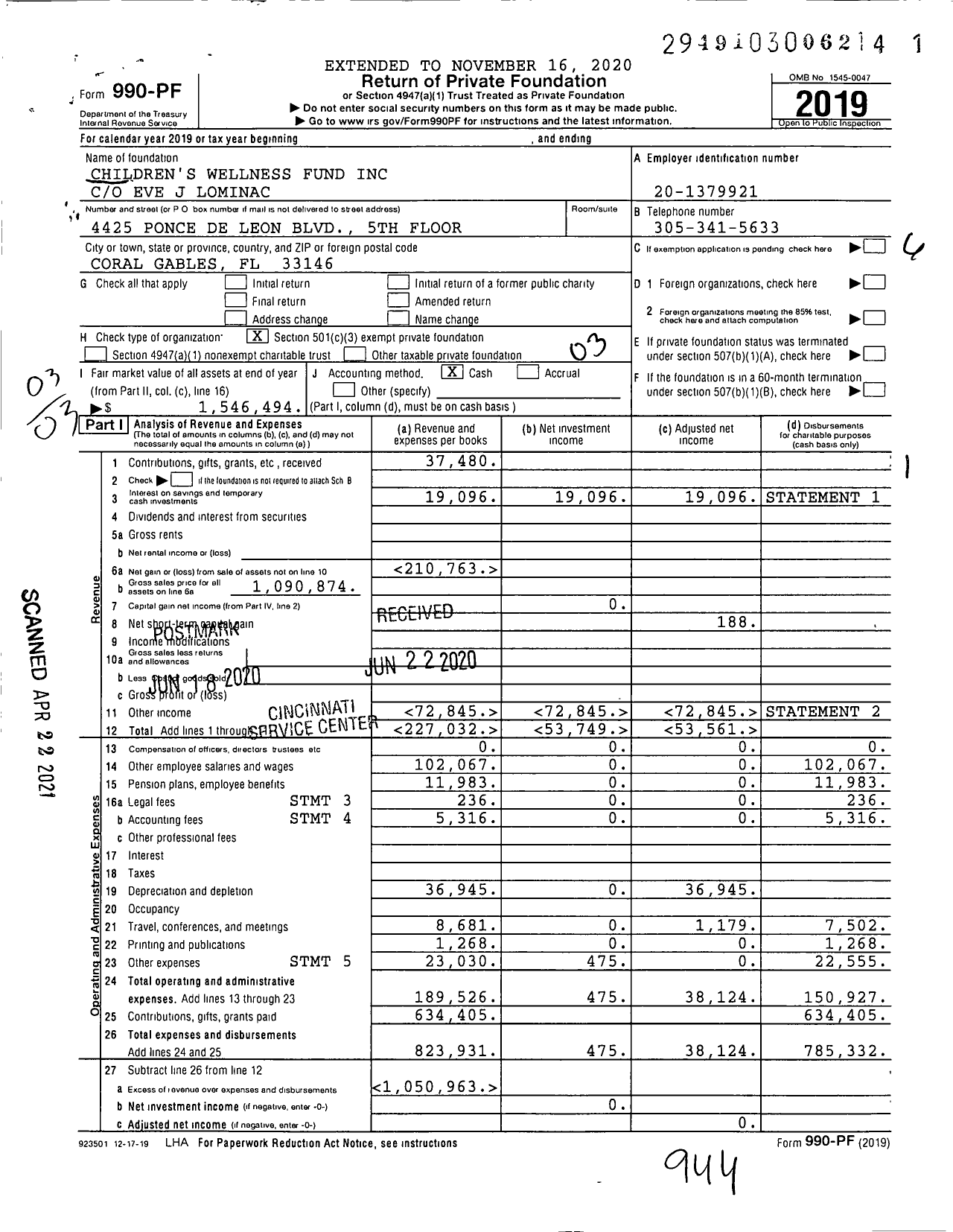 Image of first page of 2019 Form 990PF for Children's Wellness Fund