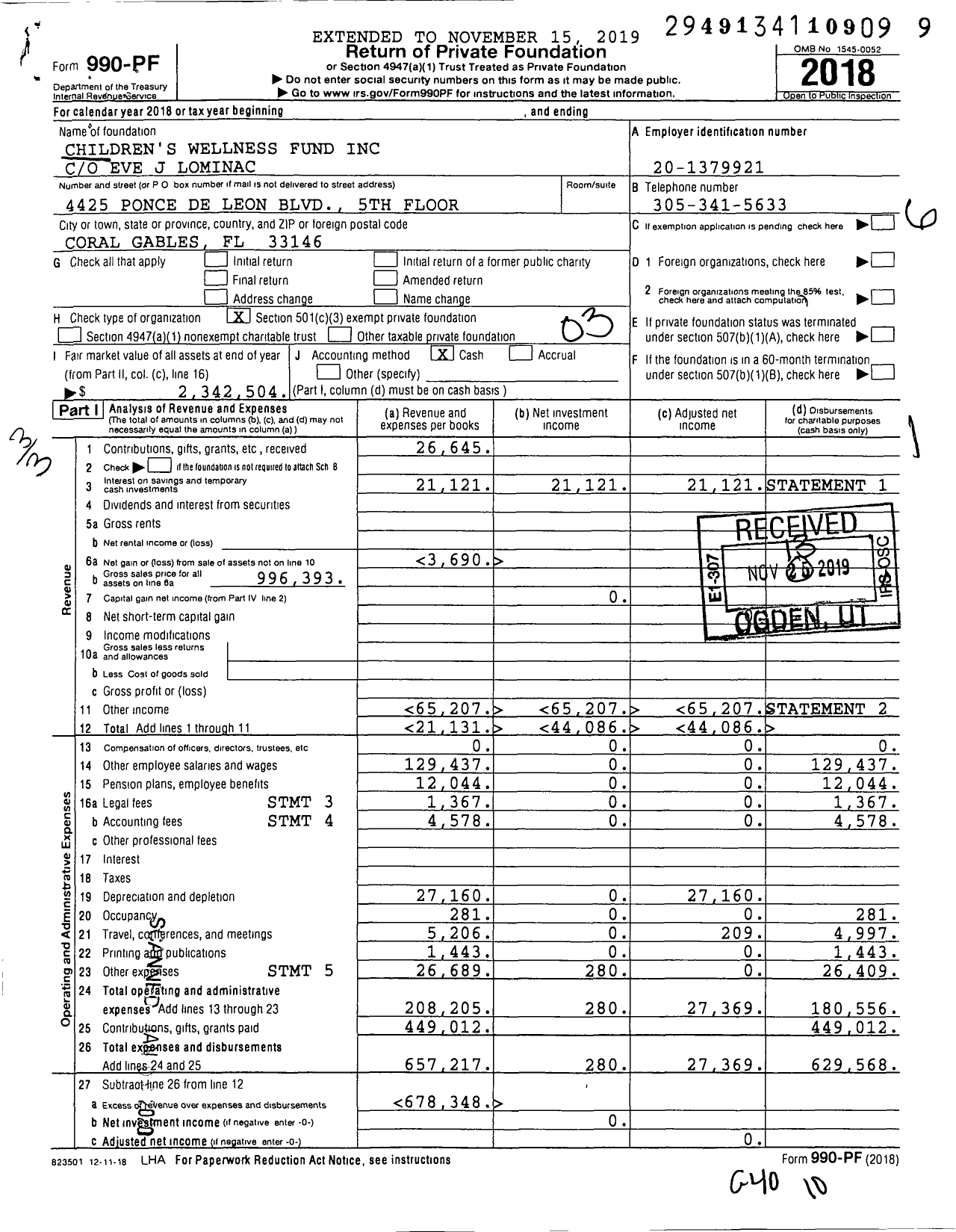 Image of first page of 2018 Form 990PF for Children's Wellness Fund