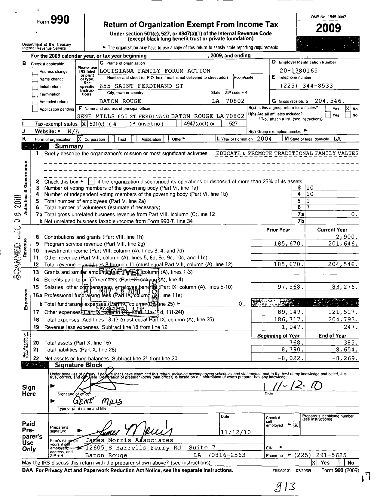 Image of first page of 2009 Form 990O for Louisiana Family Forum Action