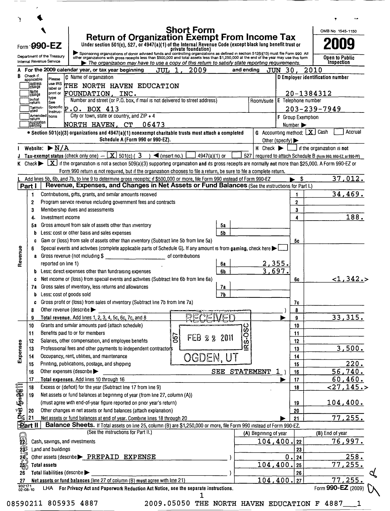 Image of first page of 2009 Form 990EZ for The North Haven Education Foundation