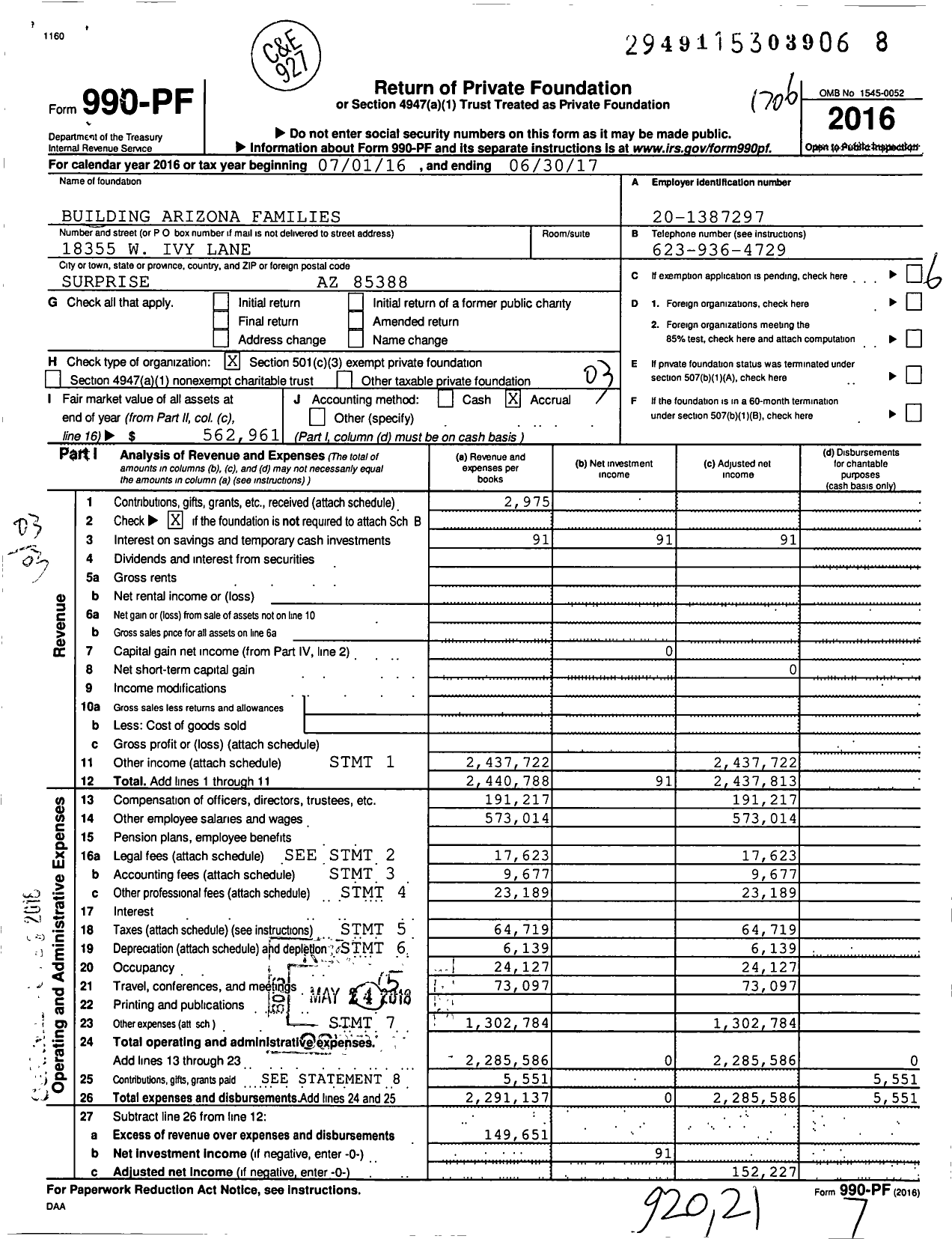 Image of first page of 2016 Form 990PF for Building Arizona Families