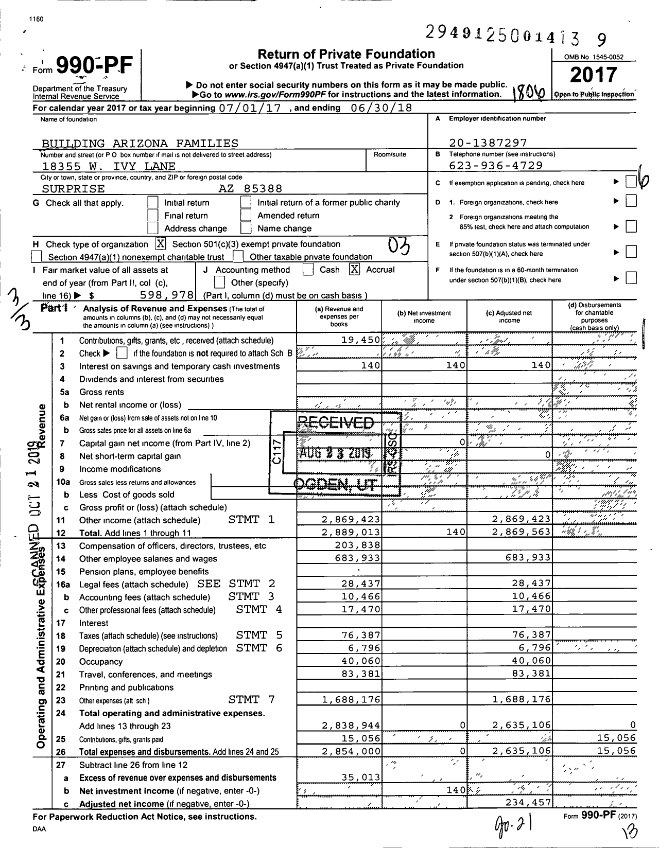 Image of first page of 2017 Form 990PF for Building Arizona Families