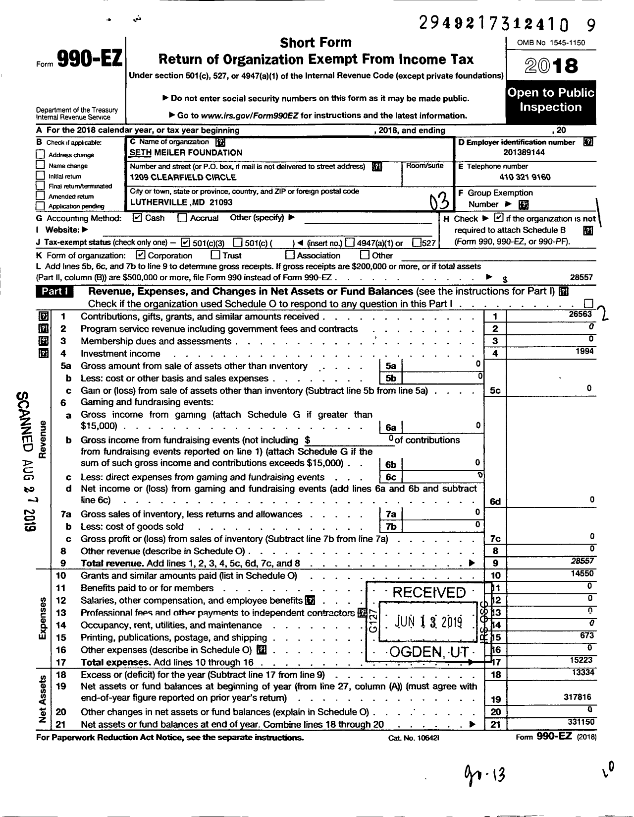 Image of first page of 2018 Form 990EZ for Seth Meiller Foundation Incorporated