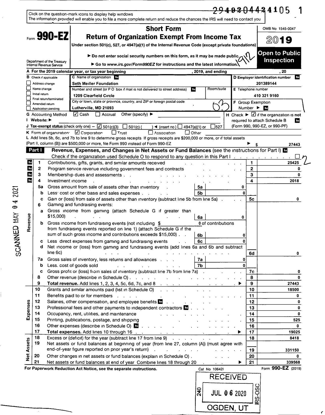 Image of first page of 2019 Form 990EZ for Seth Meiller Foundation Incorporated