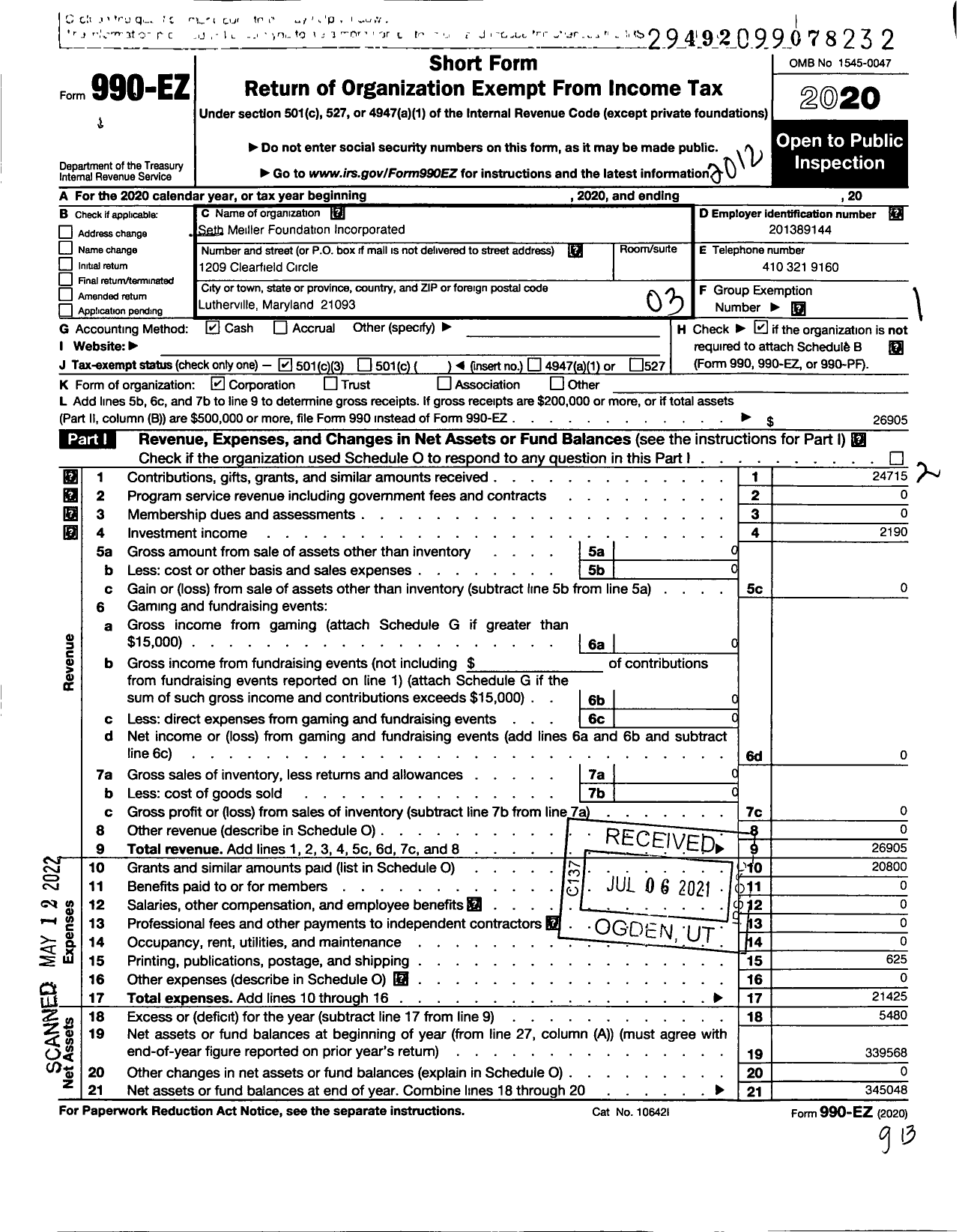 Image of first page of 2020 Form 990EZ for Seth Meiller Foundation Incorporated