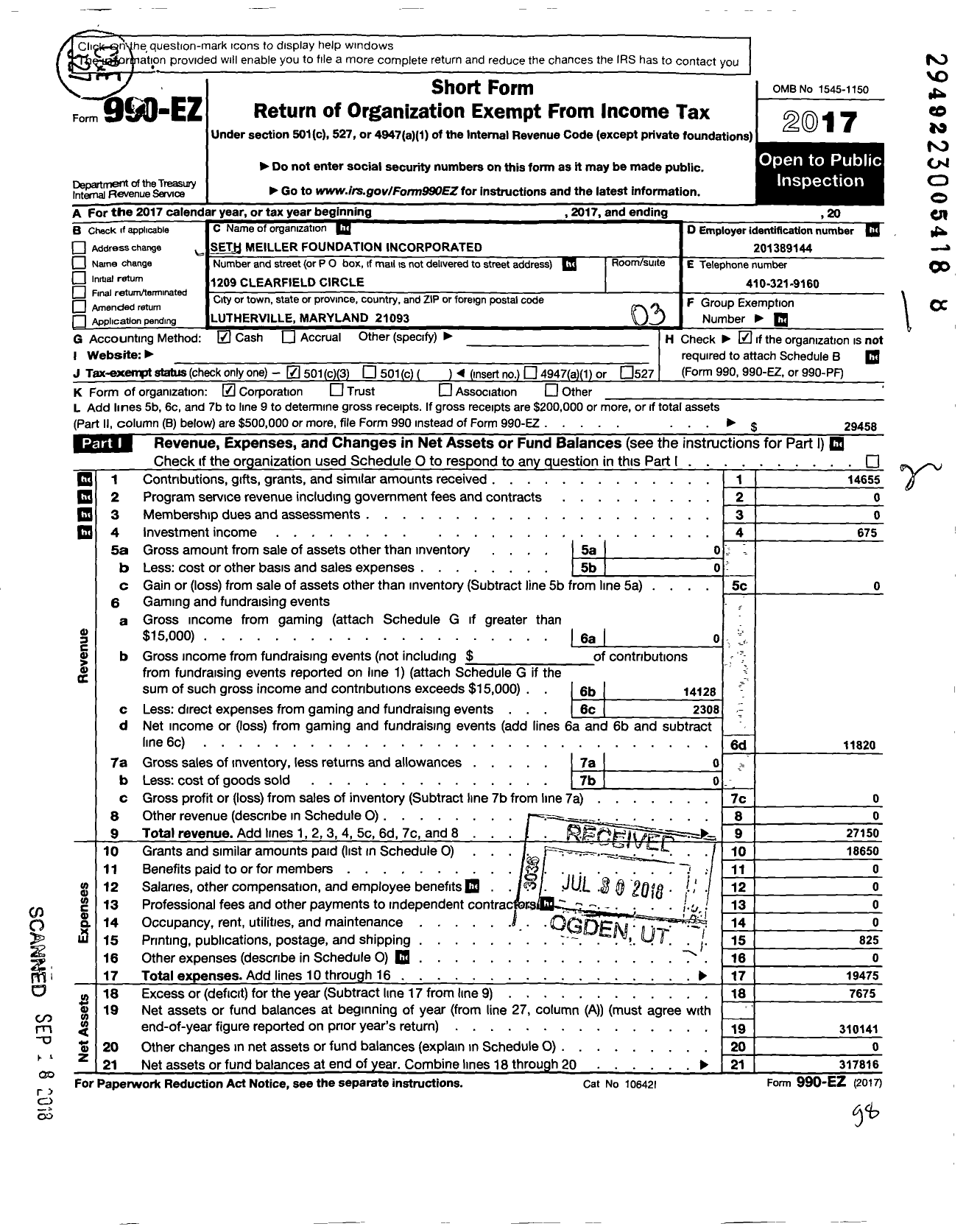 Image of first page of 2017 Form 990EZ for Seth Meiller Foundation Incorporated