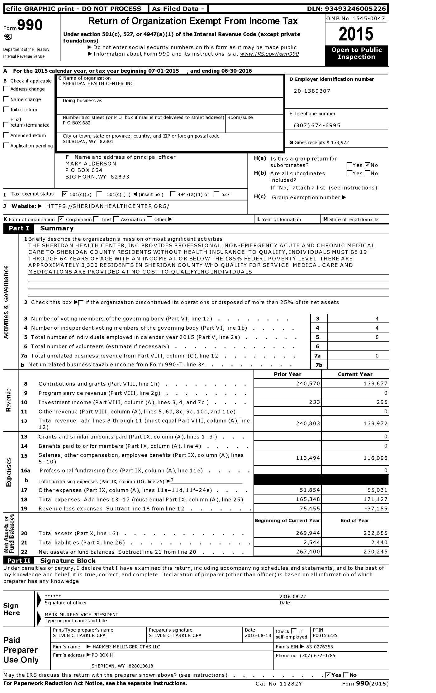 Image of first page of 2015 Form 990 for Sheridan Health Center