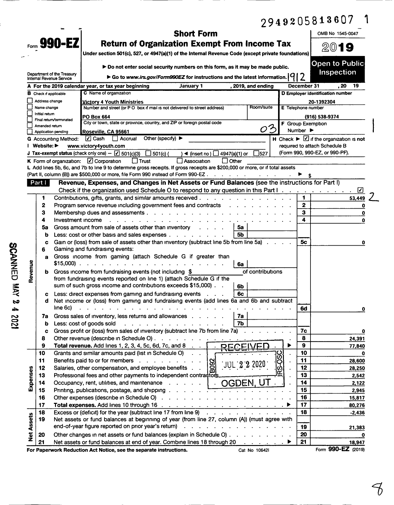 Image of first page of 2019 Form 990EZ for Victory 4 Youth