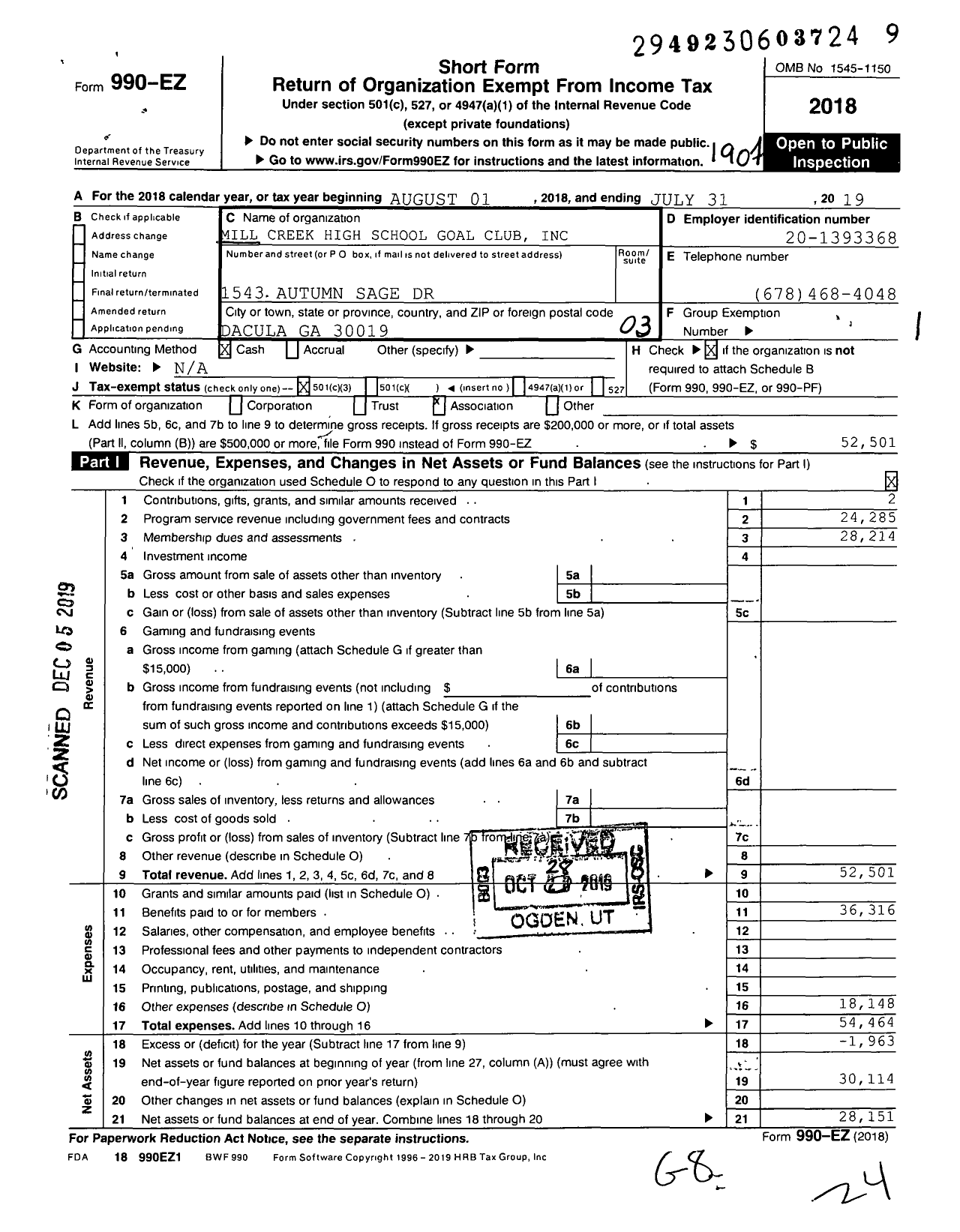 Image of first page of 2018 Form 990EZ for Mill Creek High School Goal Club