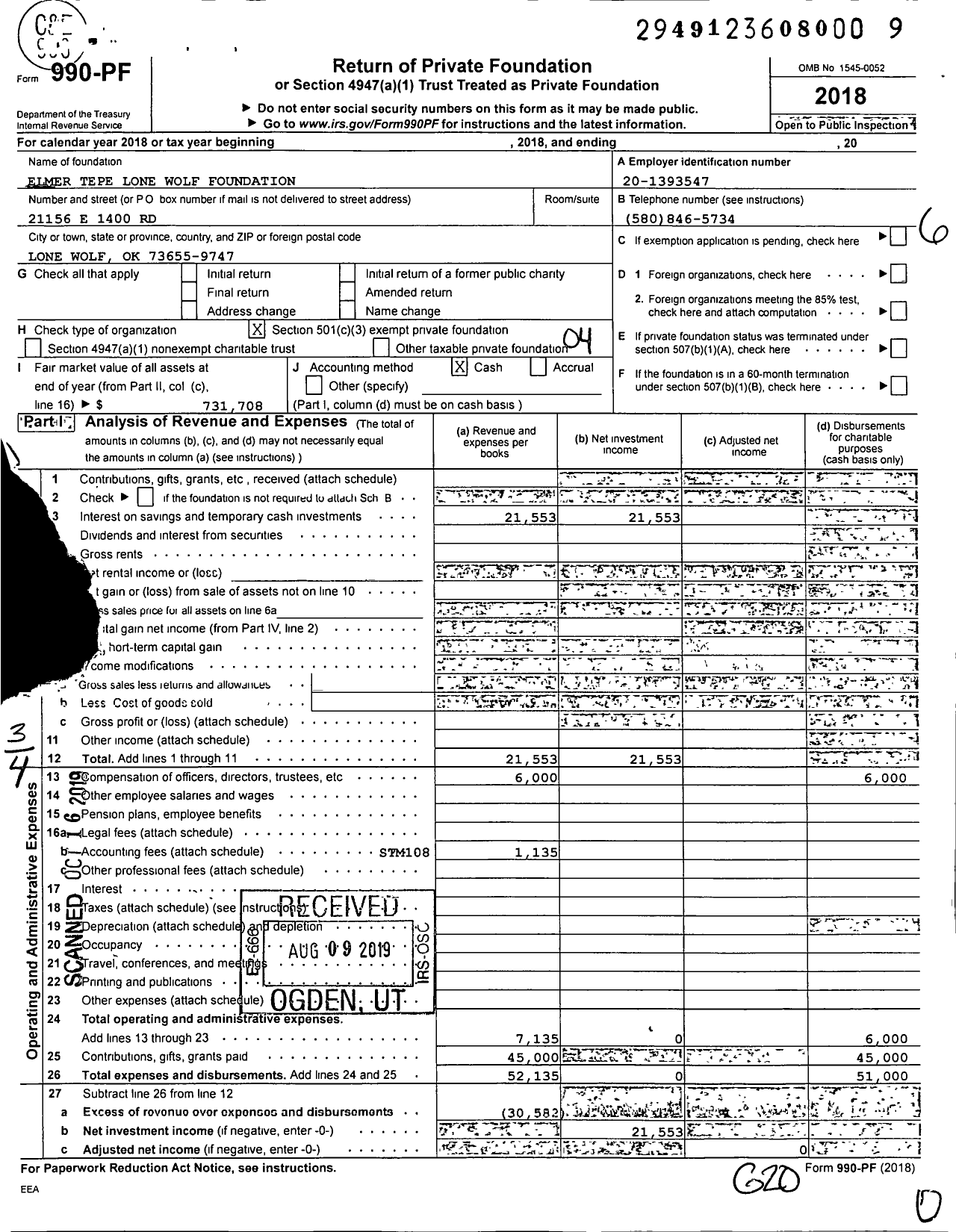 Image of first page of 2018 Form 990PF for Elmer Tepe Lone Wolf Foundation