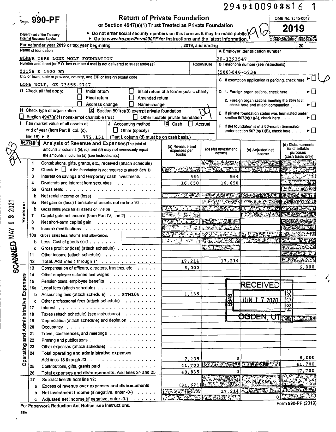 Image of first page of 2019 Form 990PF for Elmer Tepe Lone Wolf Foundation