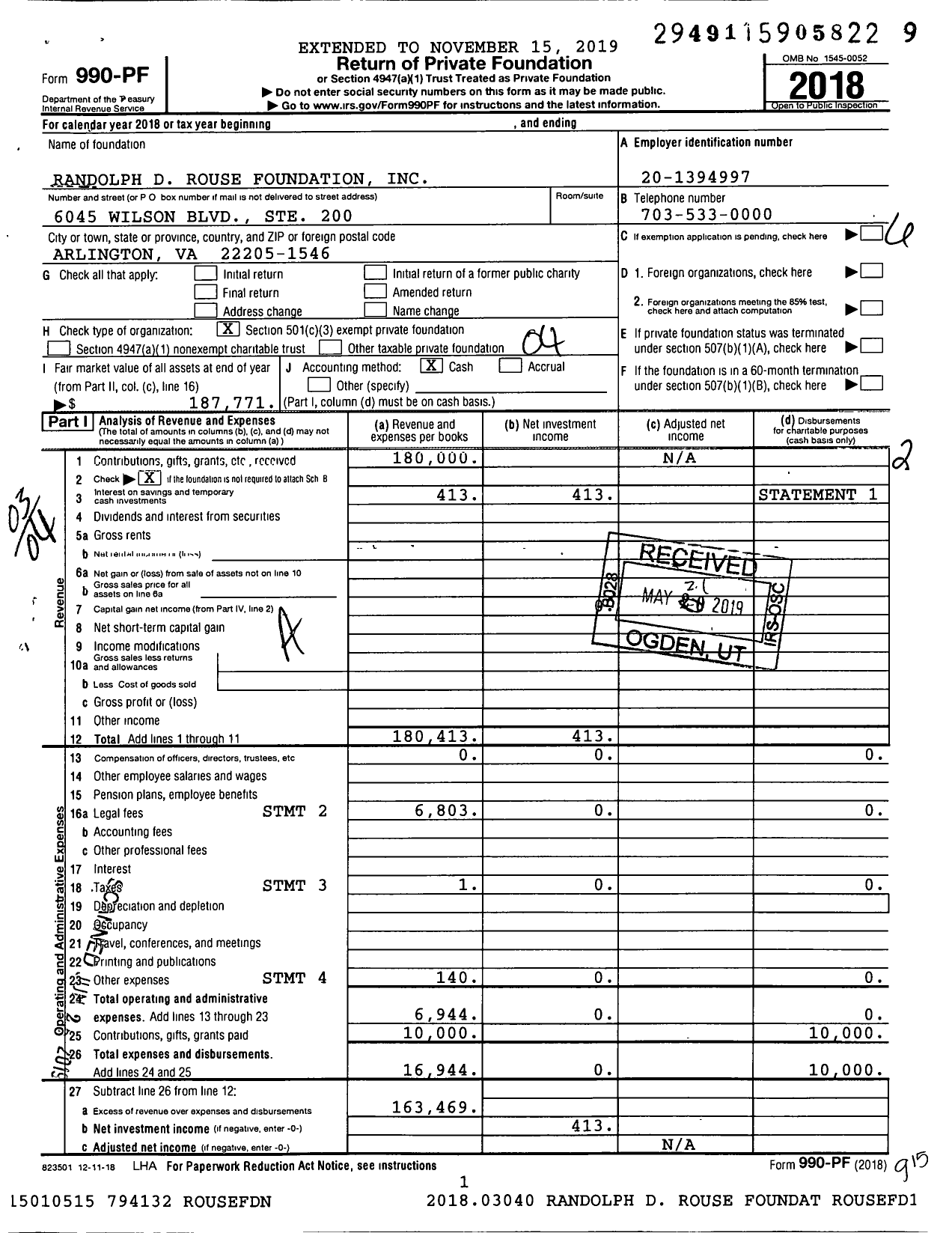 Image of first page of 2018 Form 990PF for Randolph D Rouse Foundation