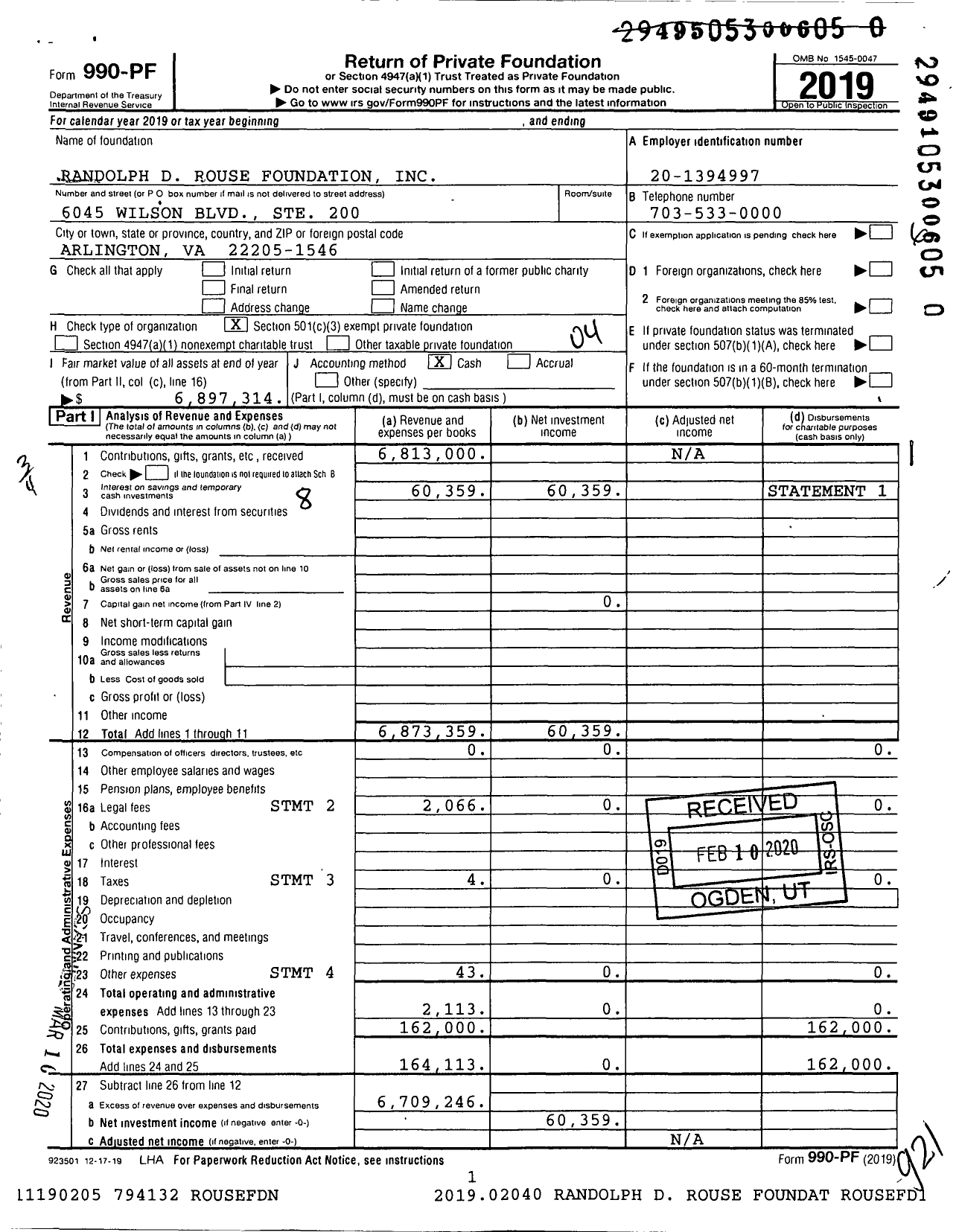 Image of first page of 2019 Form 990PR for Randolph D Rouse Foundation