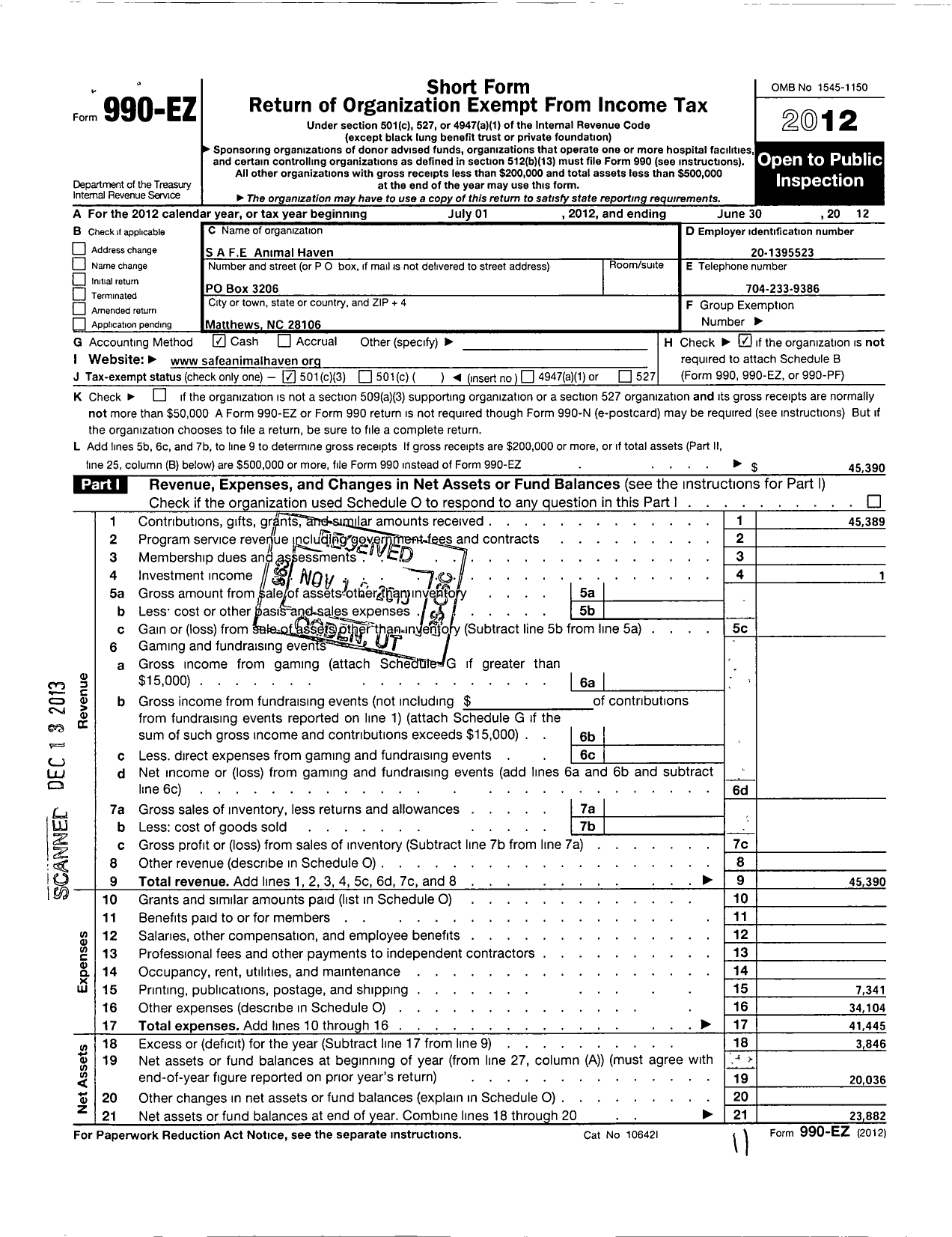 Image of first page of 2011 Form 990EZ for Safe Animal Haven Spary Neuter Adoption Foster Education