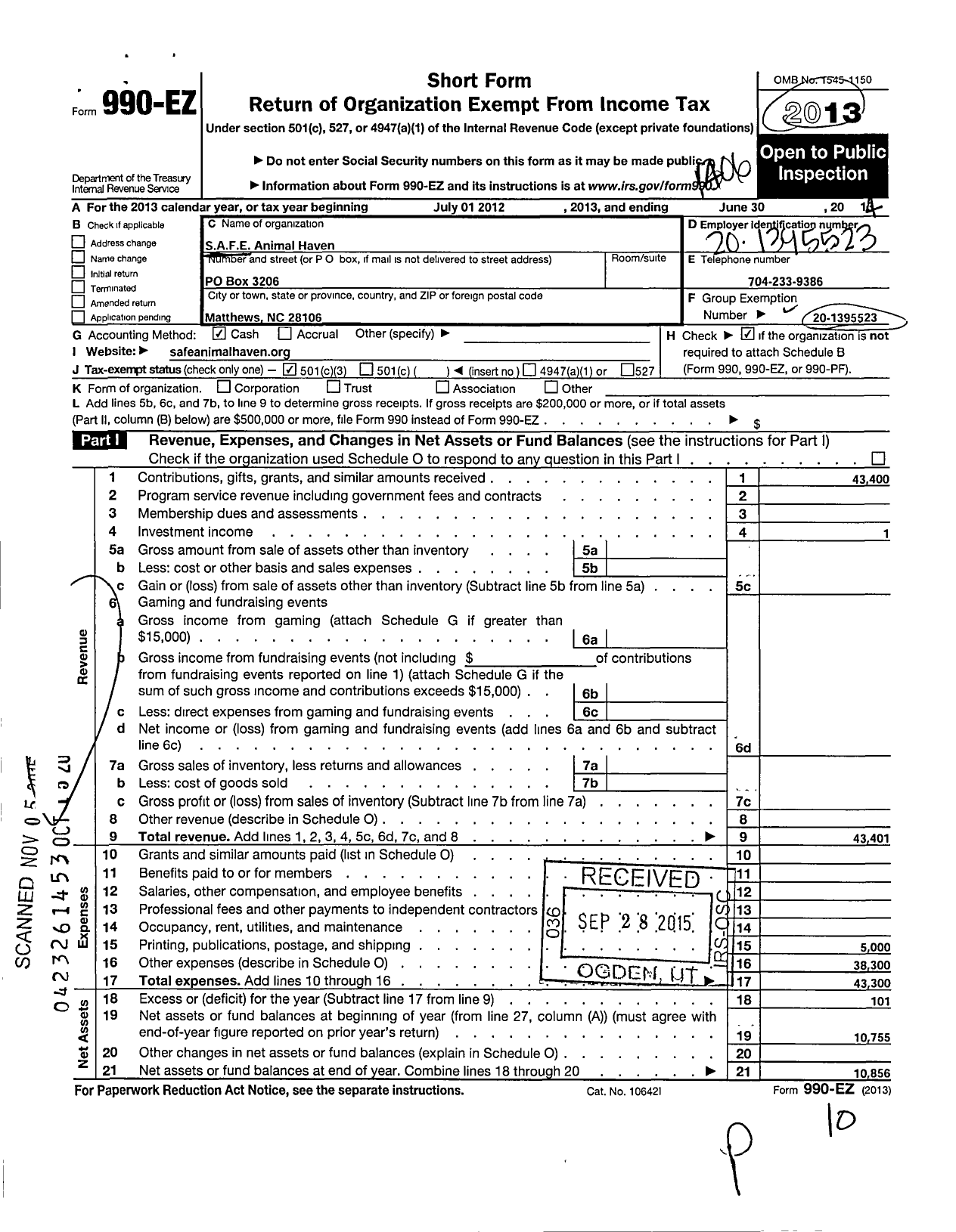 Image of first page of 2013 Form 990EZ for Safe Animal Haven Spary Neuter Adoption Foster Education