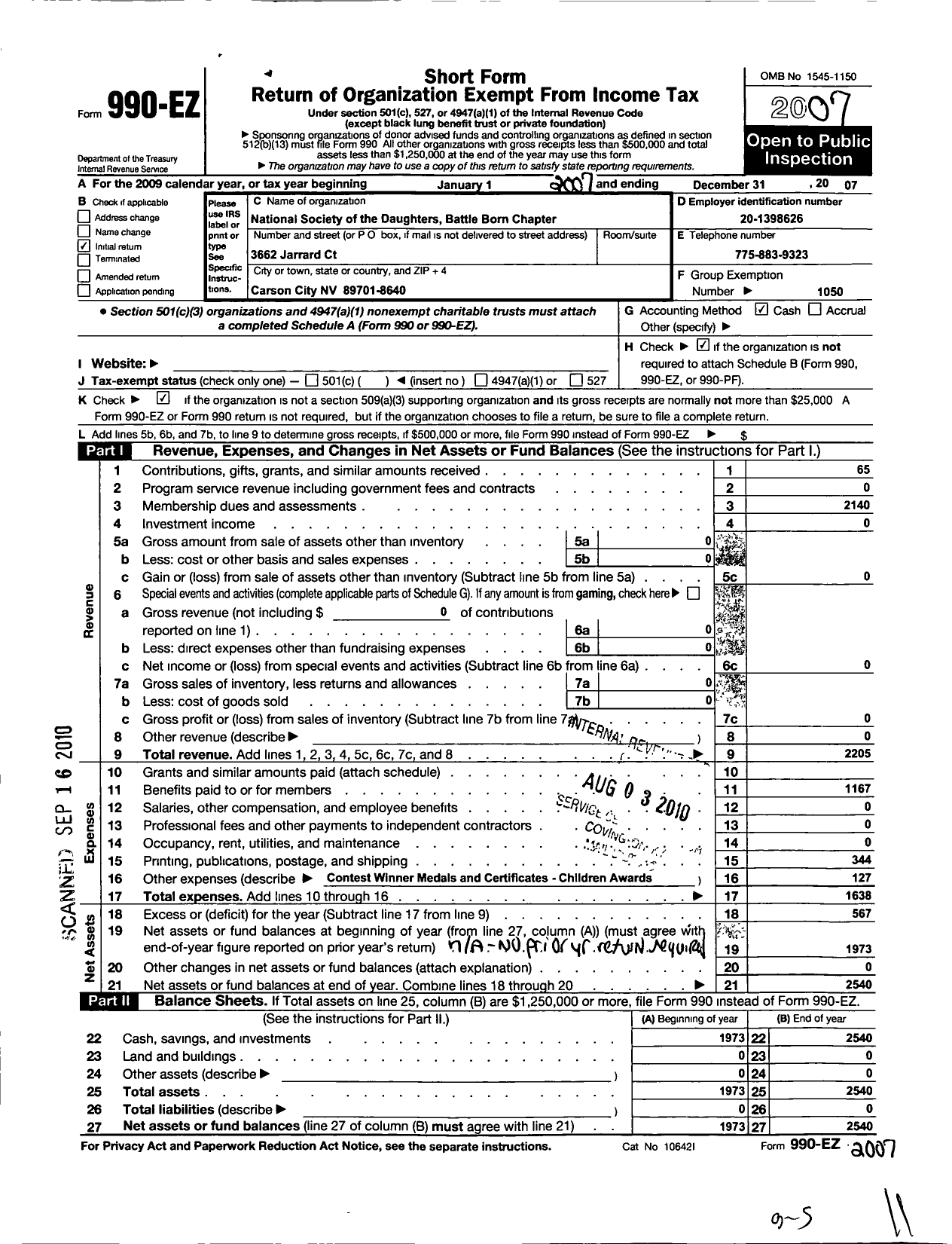 Image of first page of 2007 Form 990EO for Daughters of the American Revolution - Battle Born Chapter