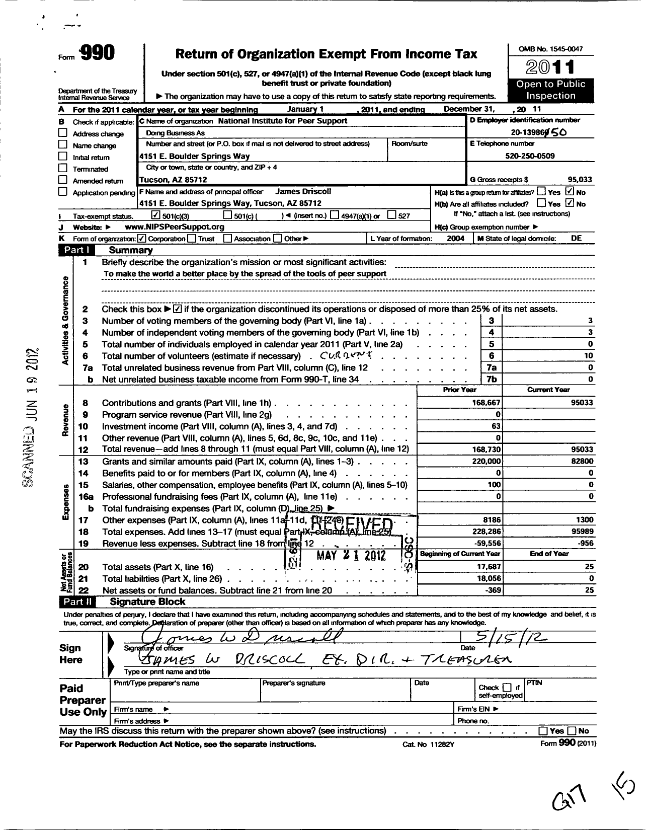 Image of first page of 2011 Form 990 for National Institute for Peer Support