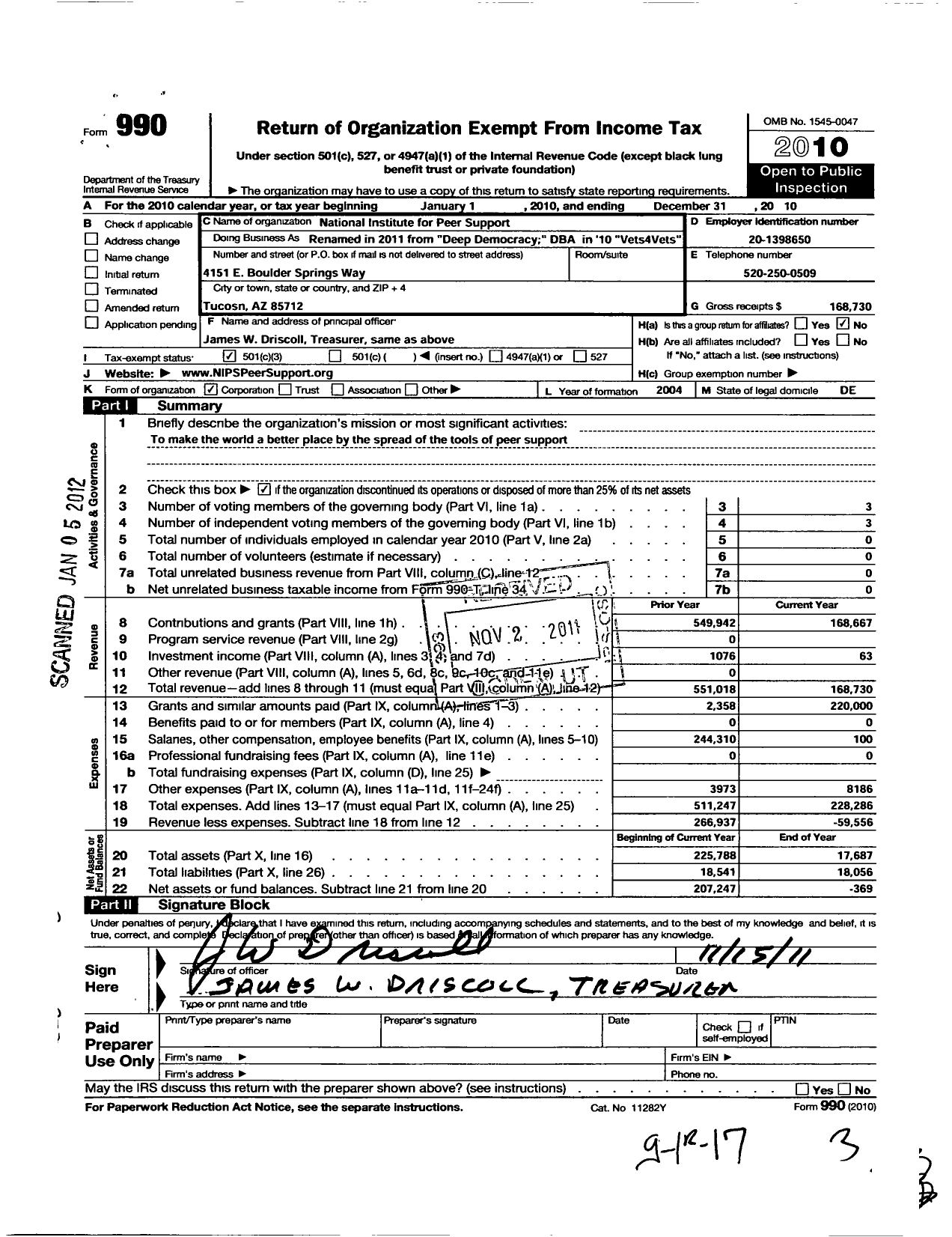 Image of first page of 2010 Form 990 for National Institute for Peer Support