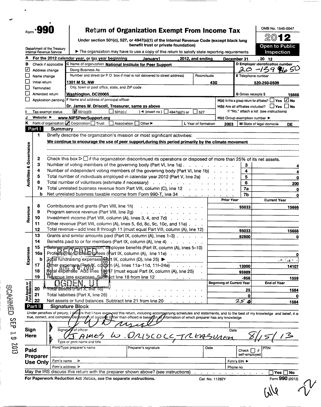 Image of first page of 2012 Form 990 for National Institute for Peer Support