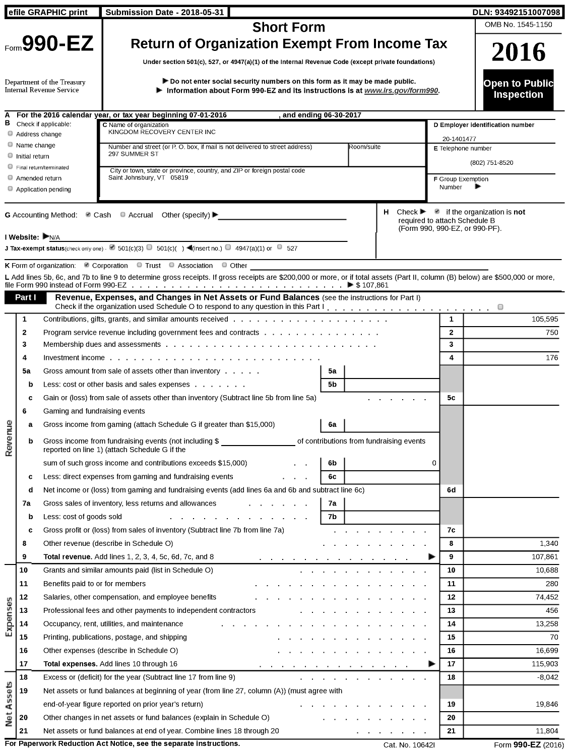 Image of first page of 2016 Form 990EZ for Kingdom Recovery Center