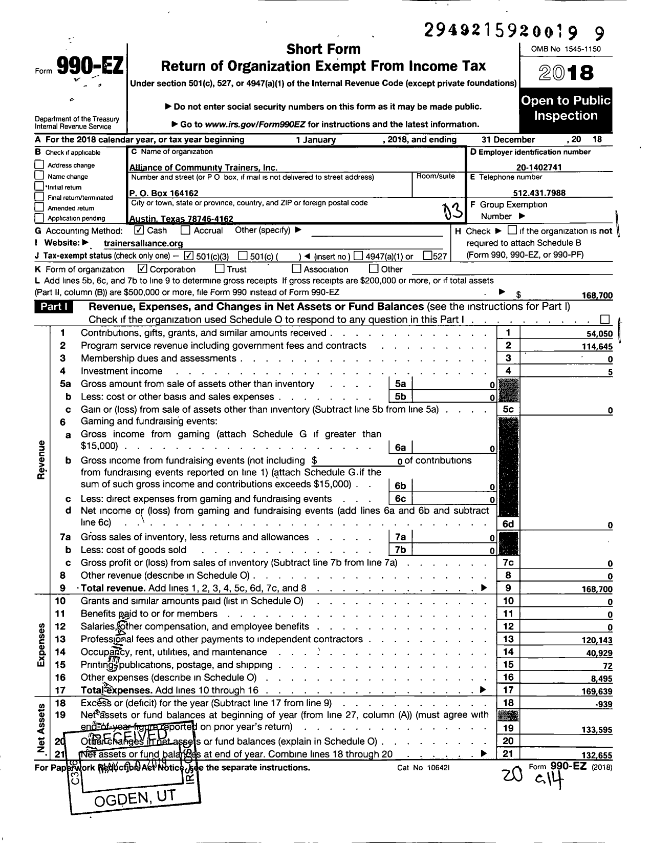 Image of first page of 2018 Form 990EZ for Alliance of Community Trainers