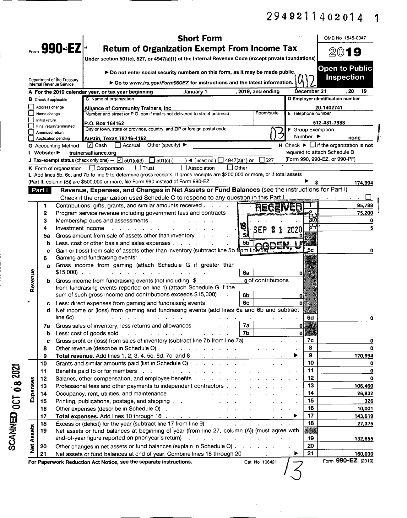 Image of first page of 2019 Form 990EZ for Alliance of Community Trainers