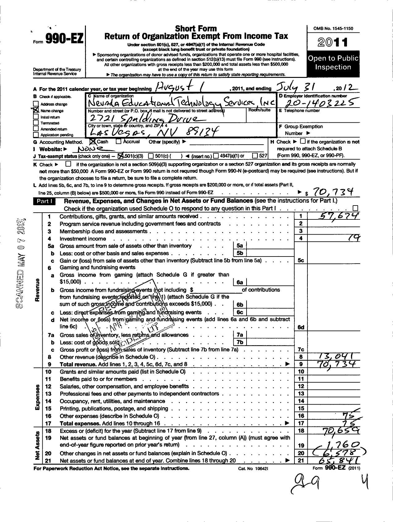 Image of first page of 2011 Form 990EZ for Nevada Education and Training Services
