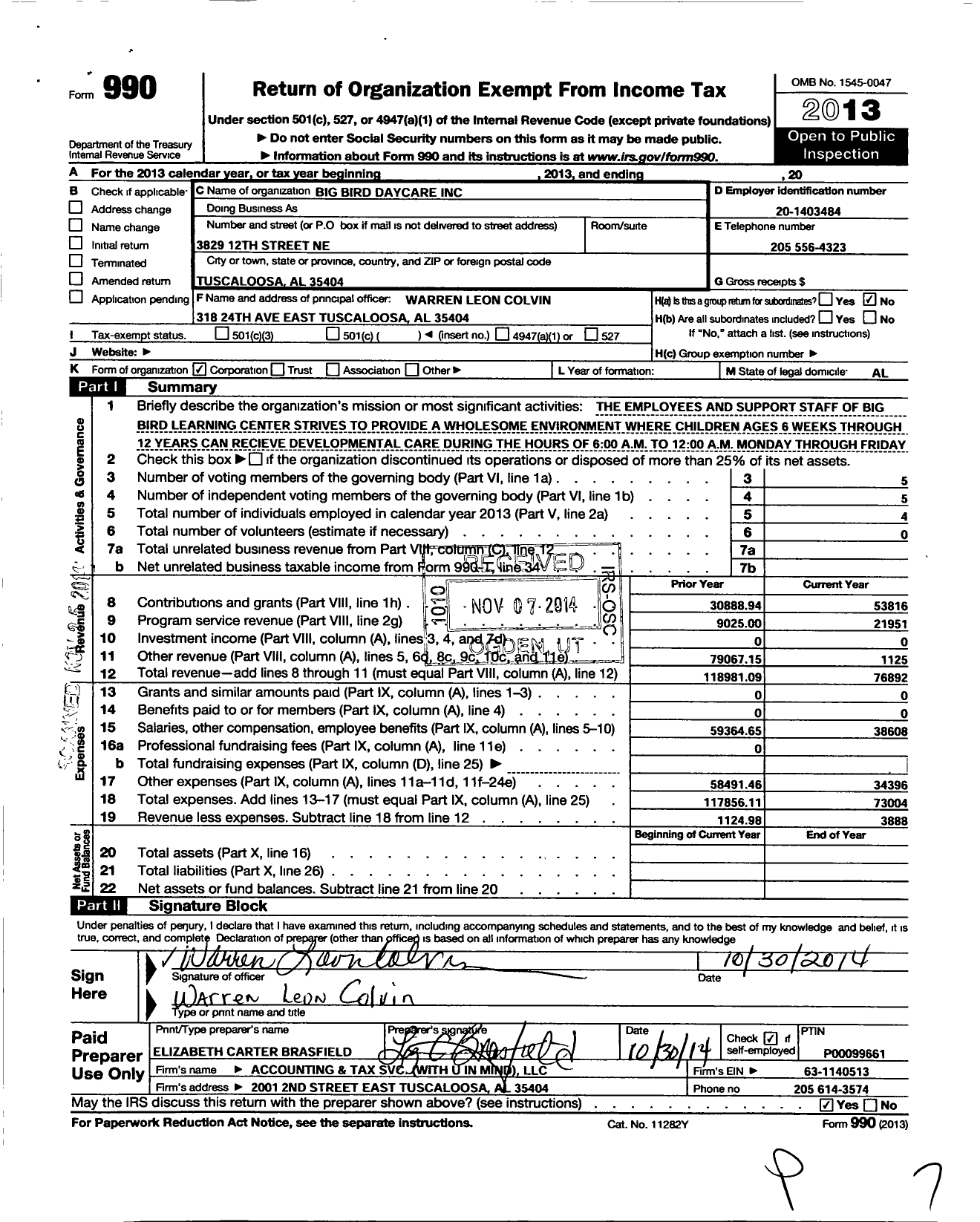 Image of first page of 2013 Form 990O for Big Bird Daycare Center