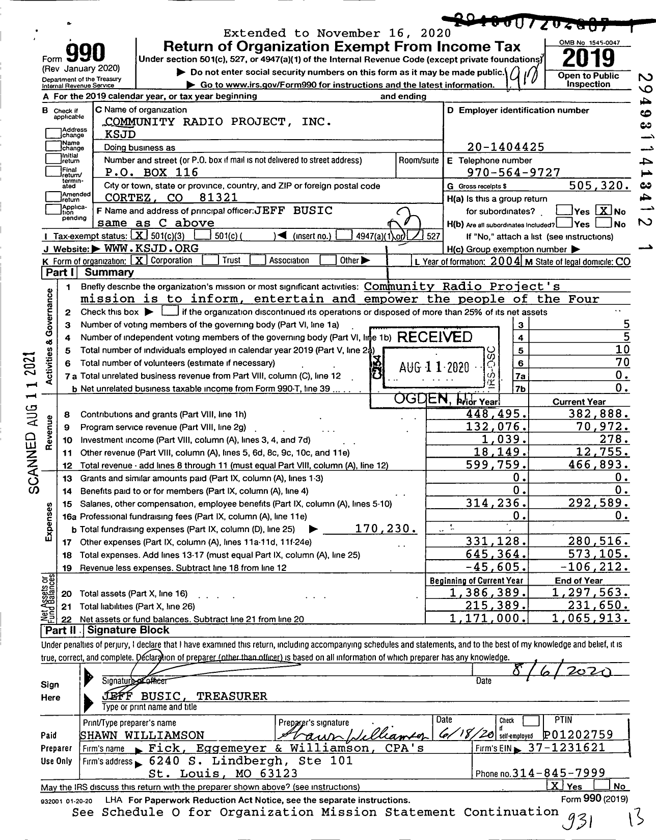 Image of first page of 2019 Form 990 for Community Radio Project KSJD