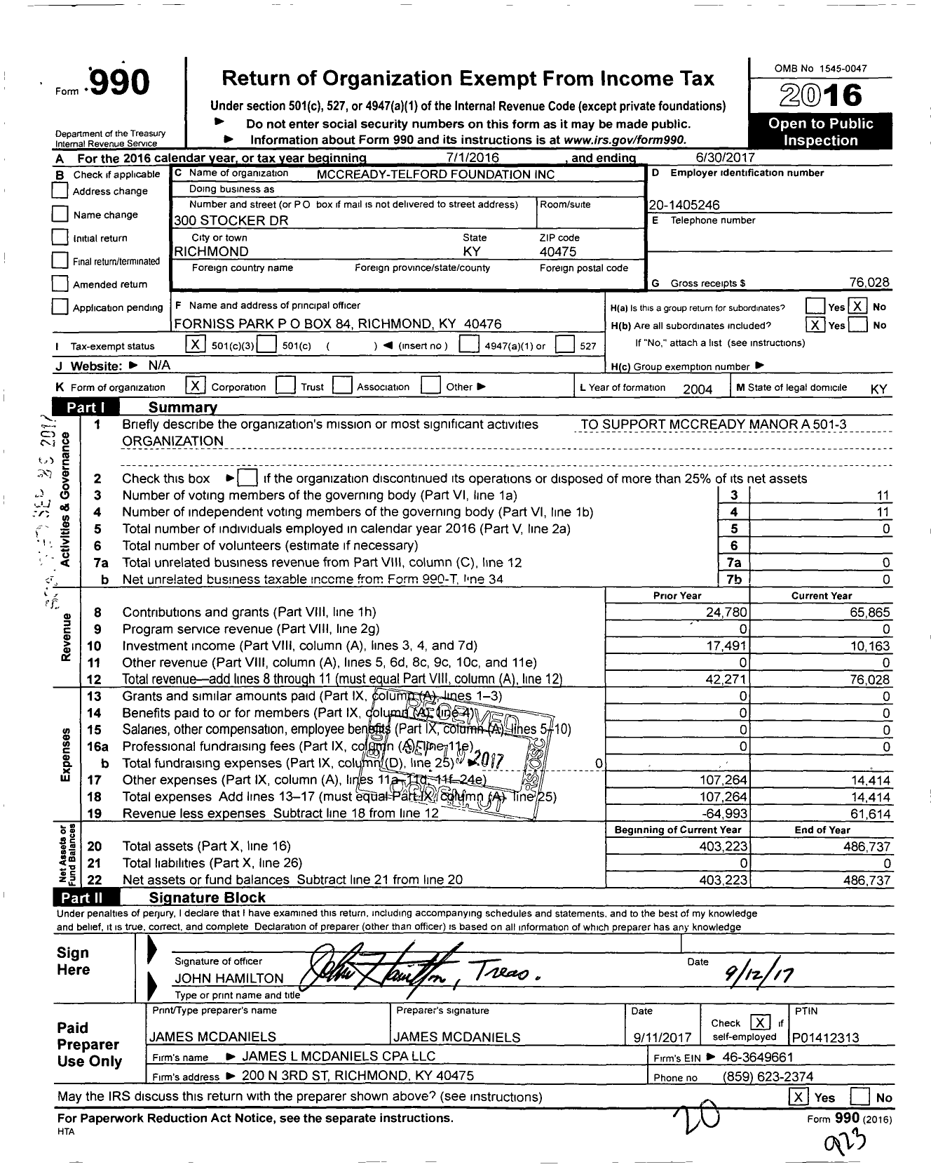 Image of first page of 2016 Form 990 for Mccready-Telford Foundation