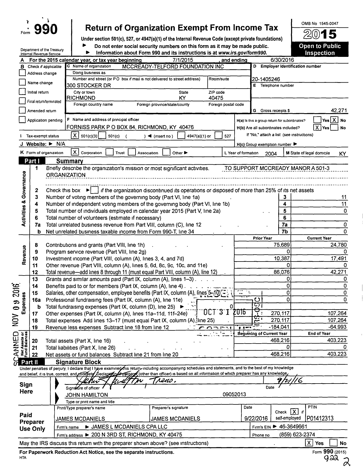 Image of first page of 2015 Form 990 for Mccready-Telford Foundation