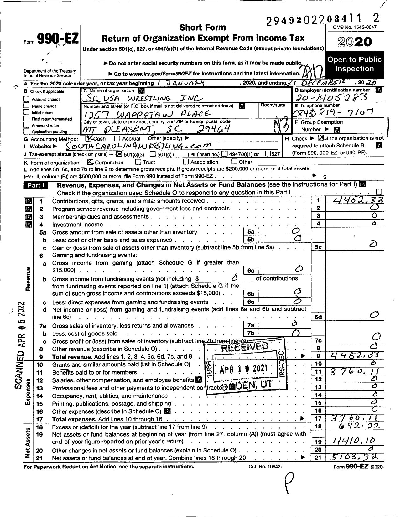 Image of first page of 2020 Form 990EZ for SC USA Wrestling